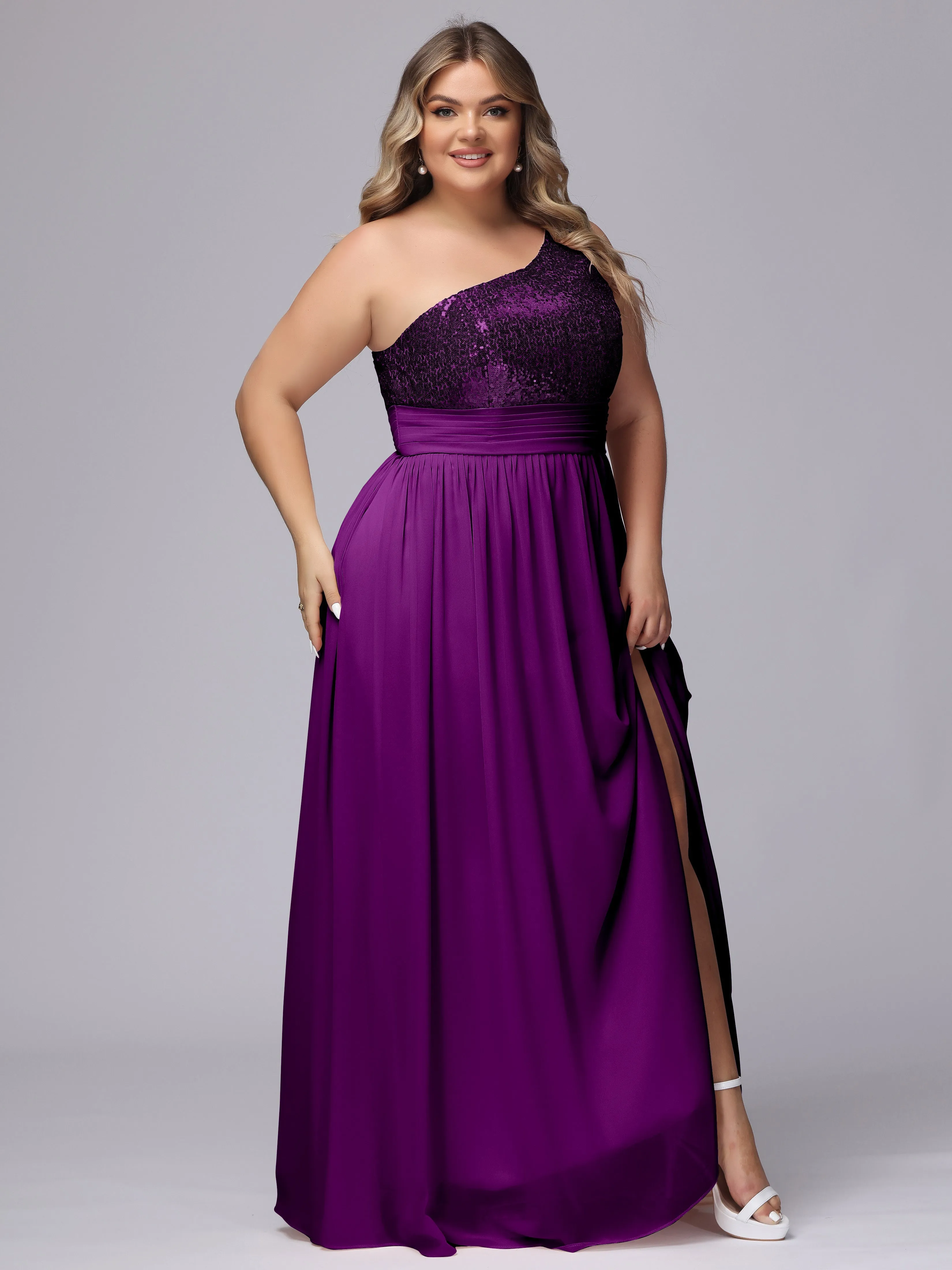 One-Shoulder Sequins Plus Size Bridesmaid Dress with Pockets