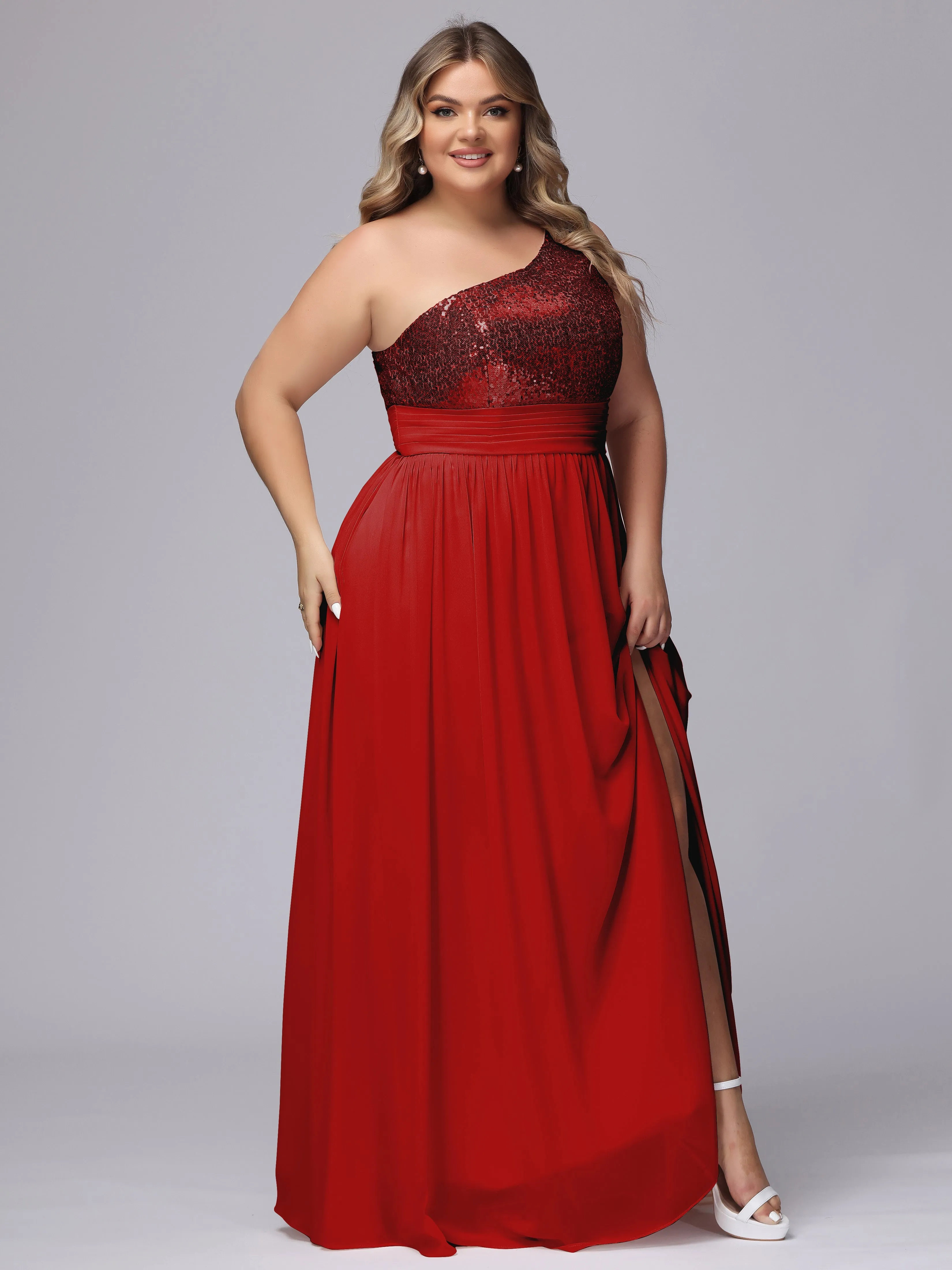 One-Shoulder Sequins Plus Size Bridesmaid Dress with Pockets