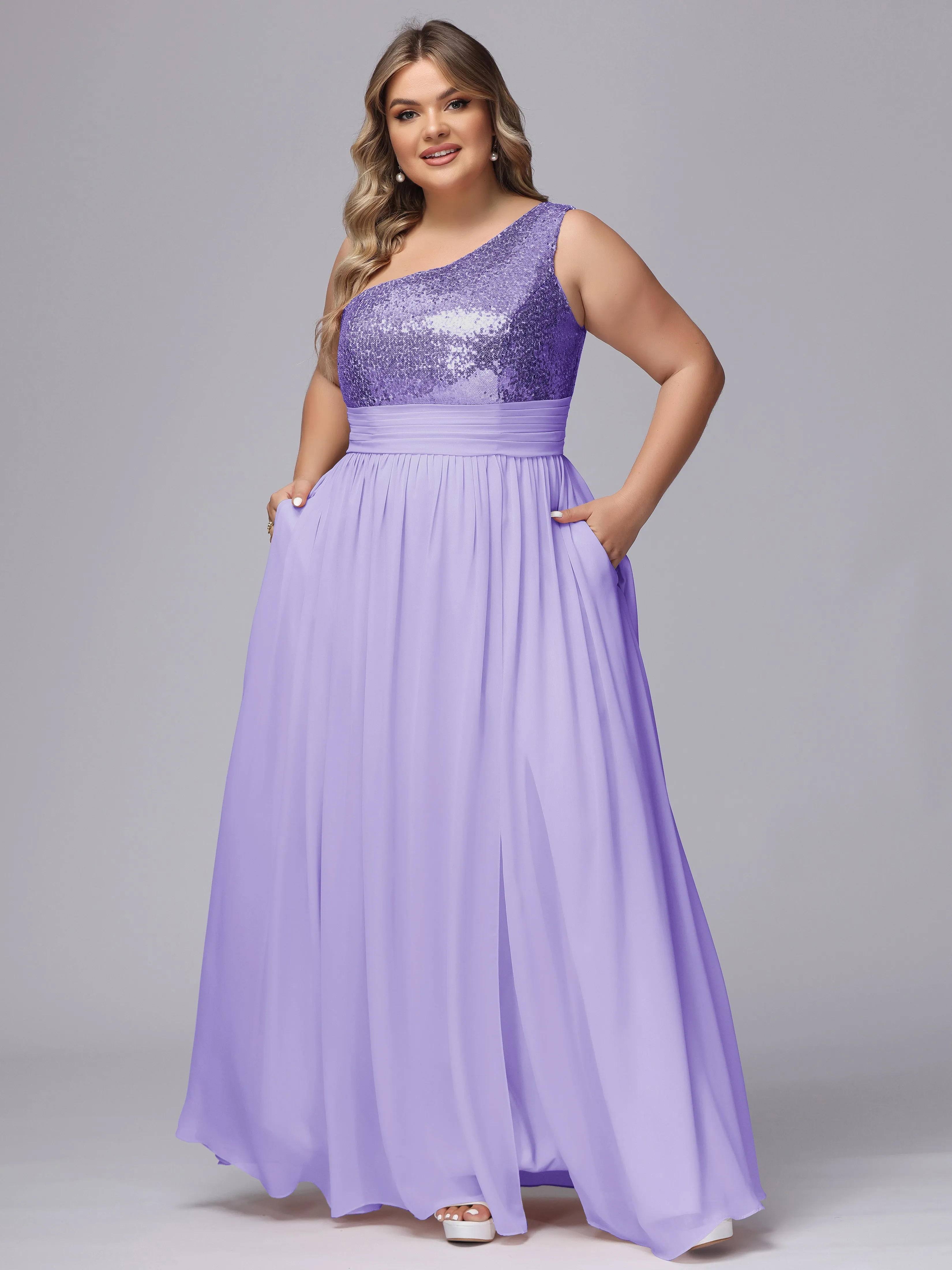 One-Shoulder Sequins Plus Size Bridesmaid Dress with Pockets