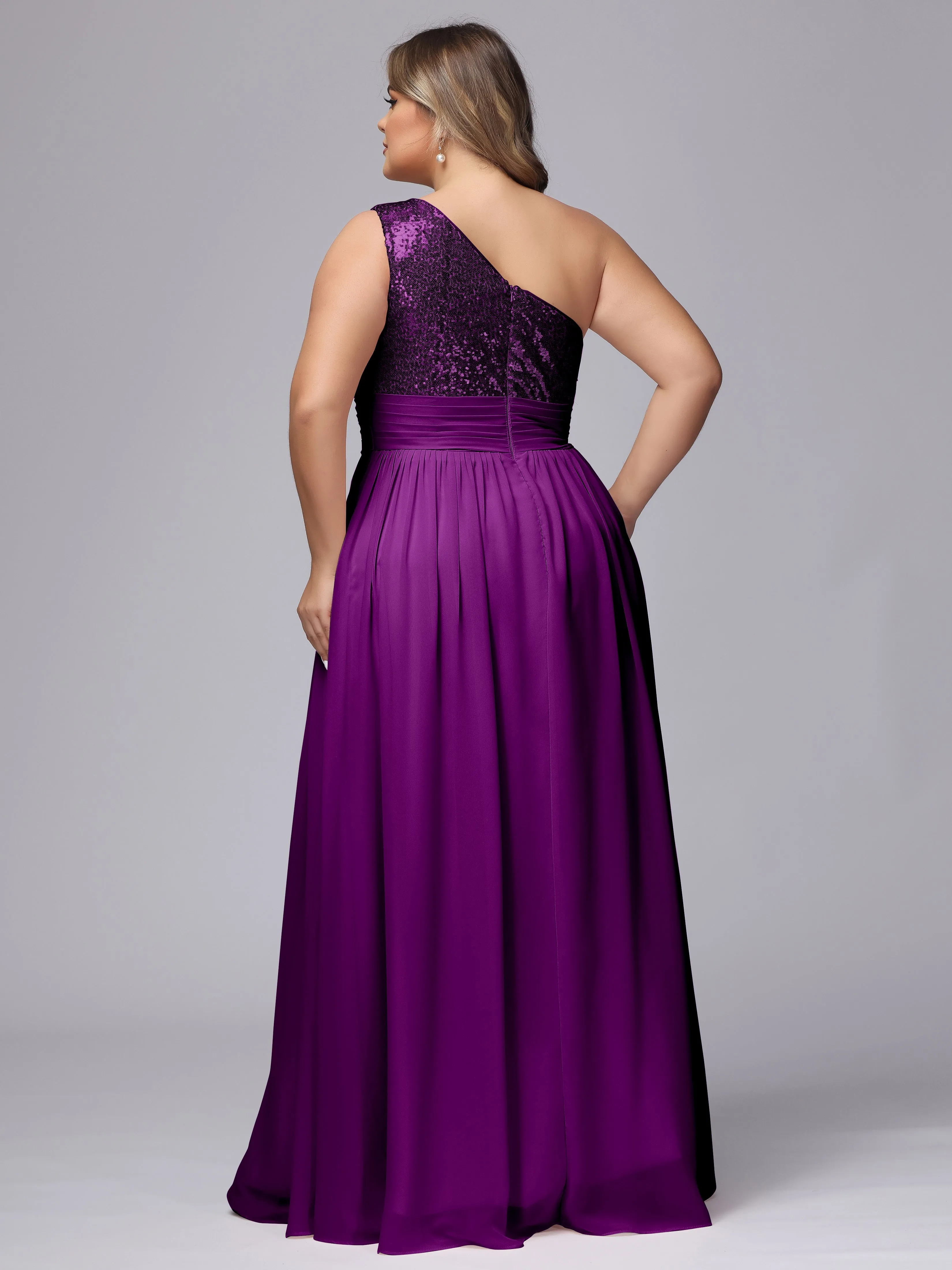 One-Shoulder Sequins Plus Size Bridesmaid Dress with Pockets