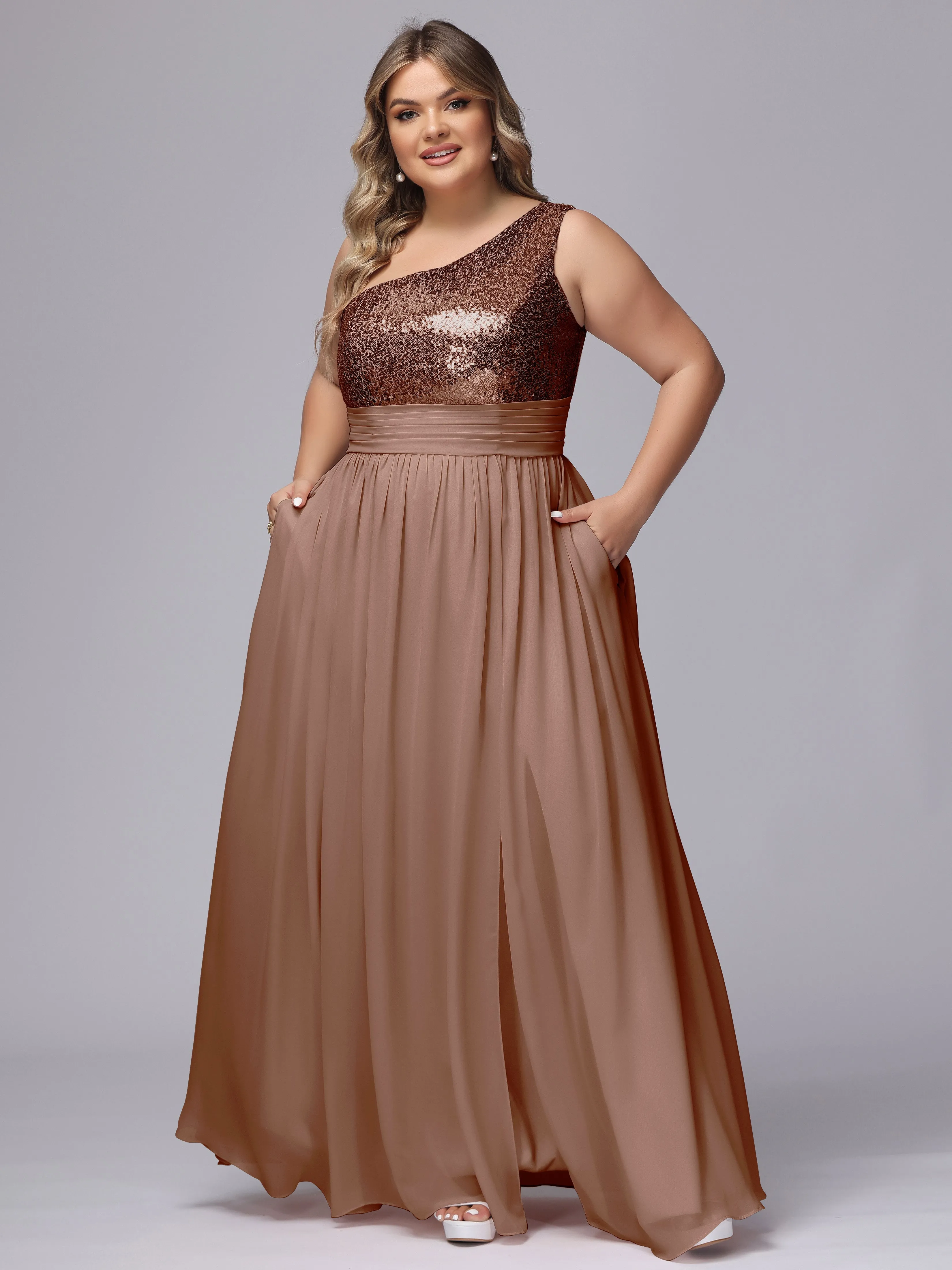 One-Shoulder Sequins Plus Size Bridesmaid Dress with Pockets