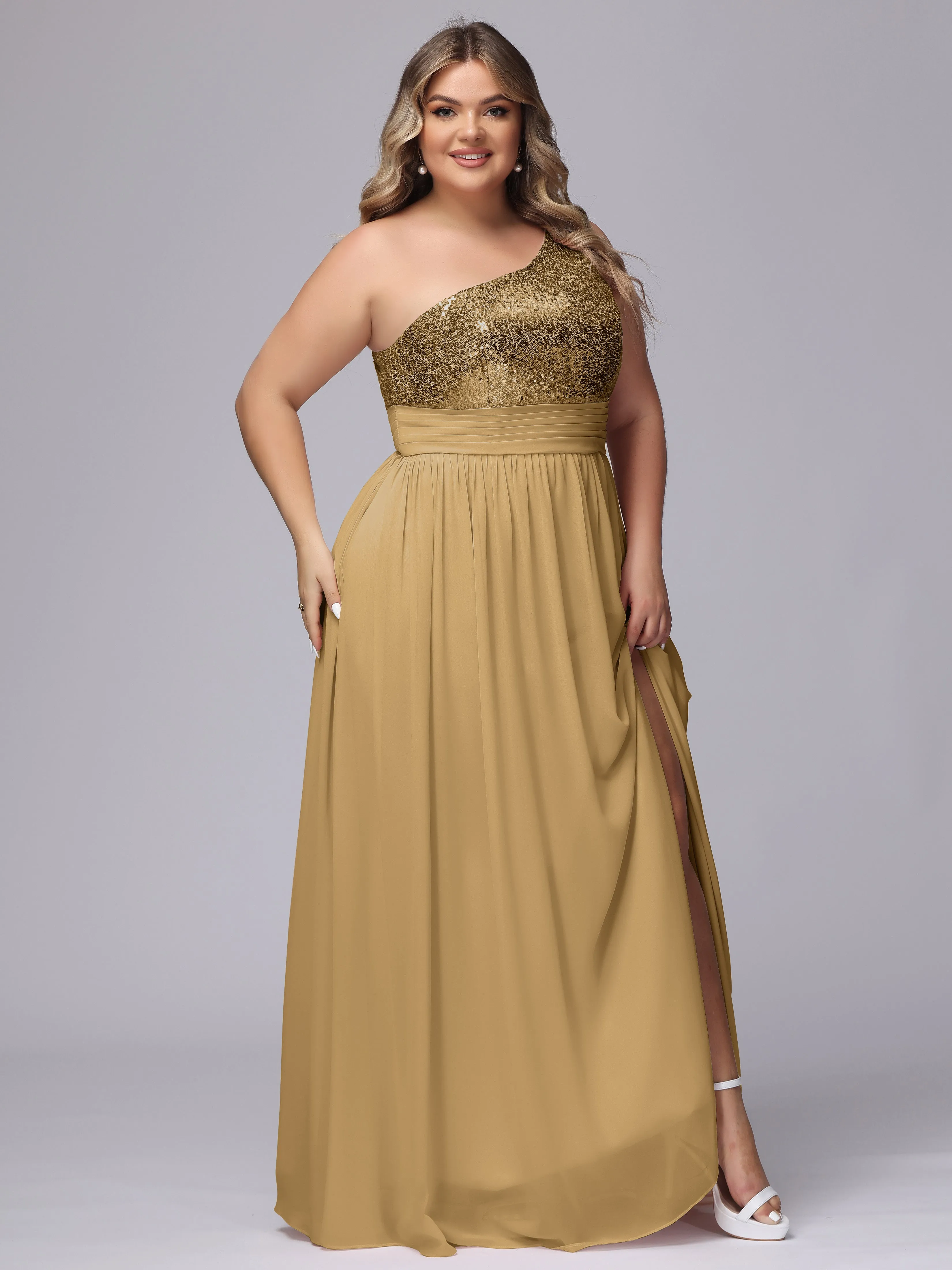 One-Shoulder Sequins Plus Size Bridesmaid Dress with Pockets