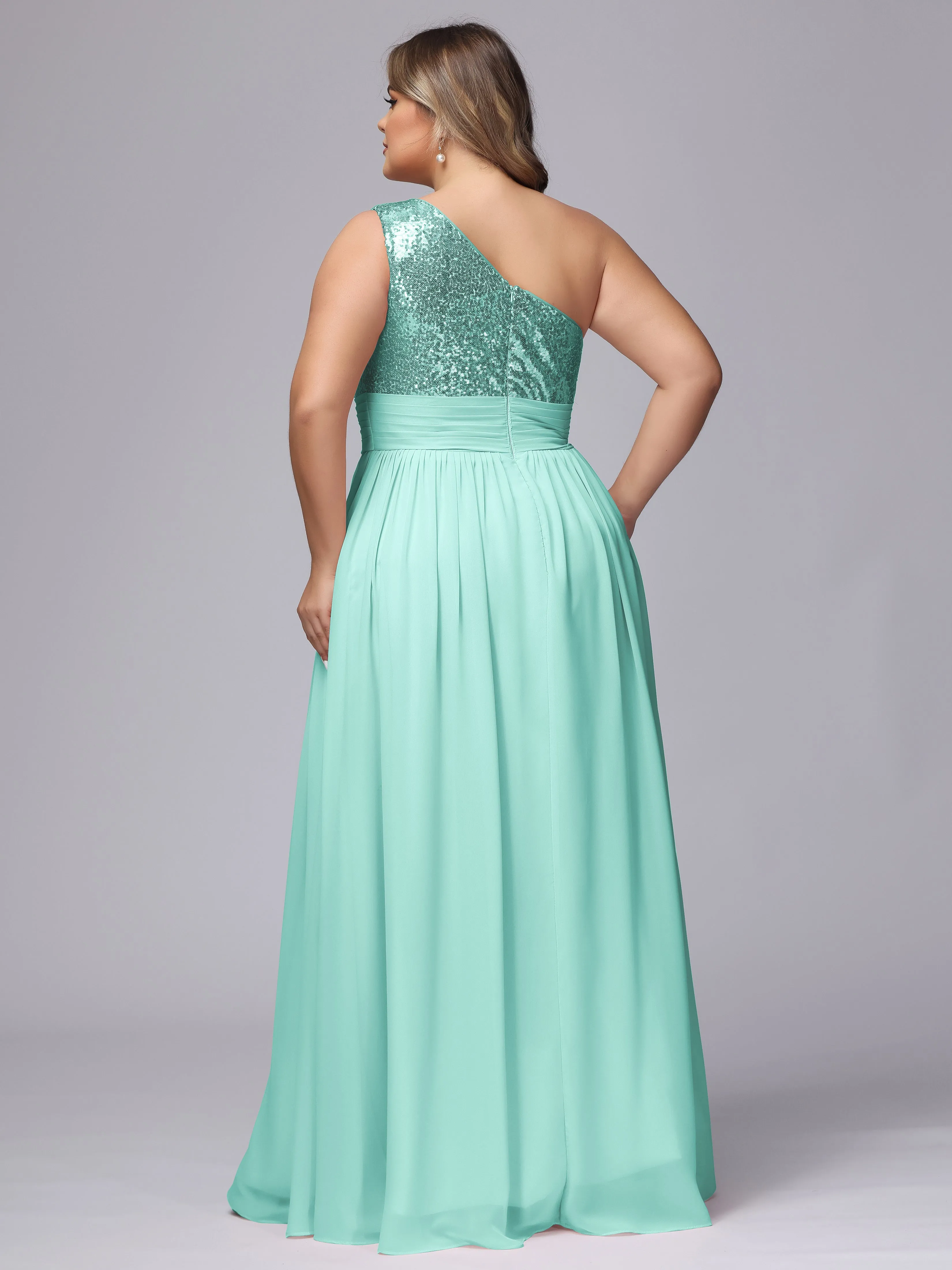 One-Shoulder Sequins Plus Size Bridesmaid Dress with Pockets