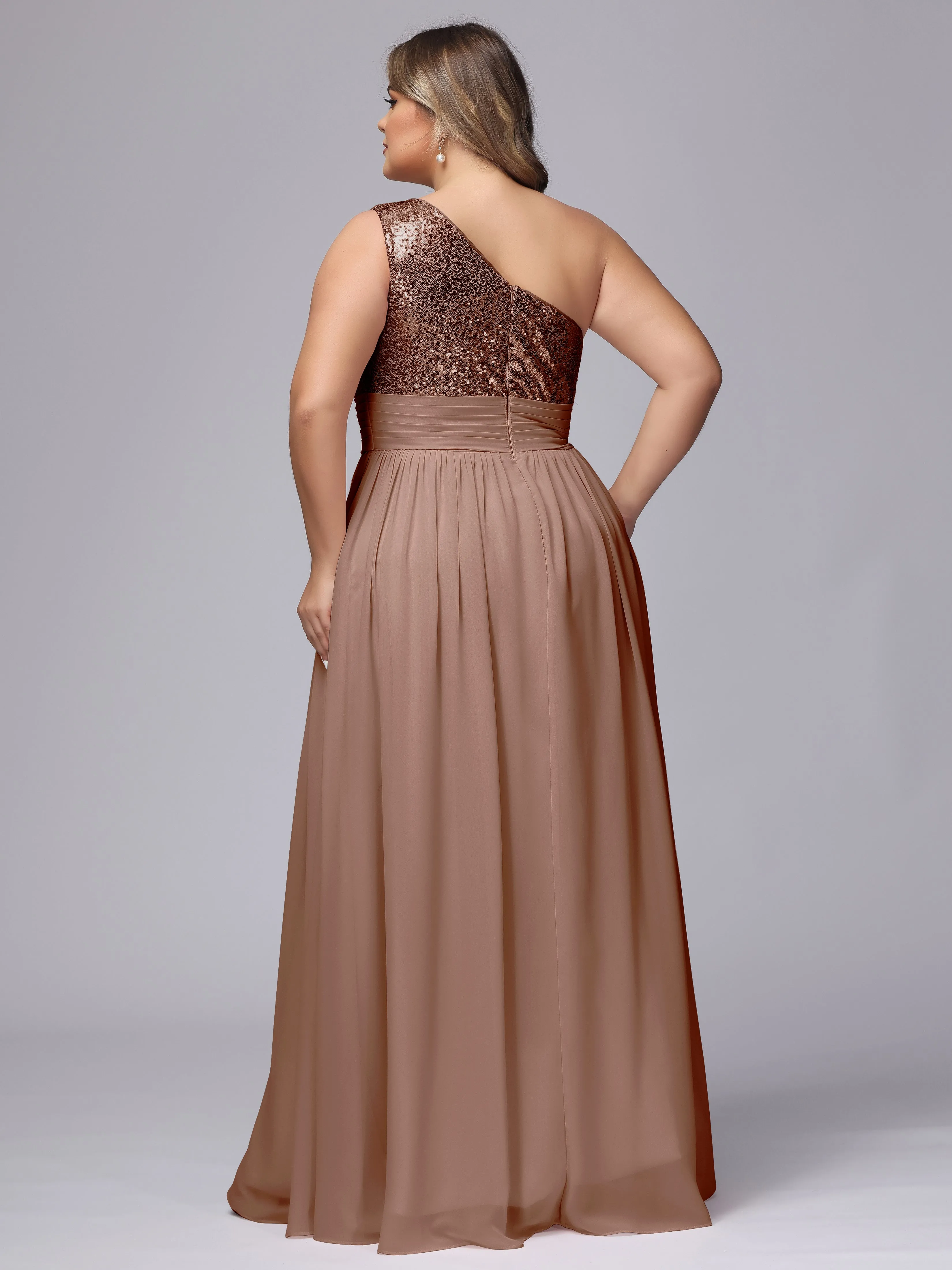One-Shoulder Sequins Plus Size Bridesmaid Dress with Pockets