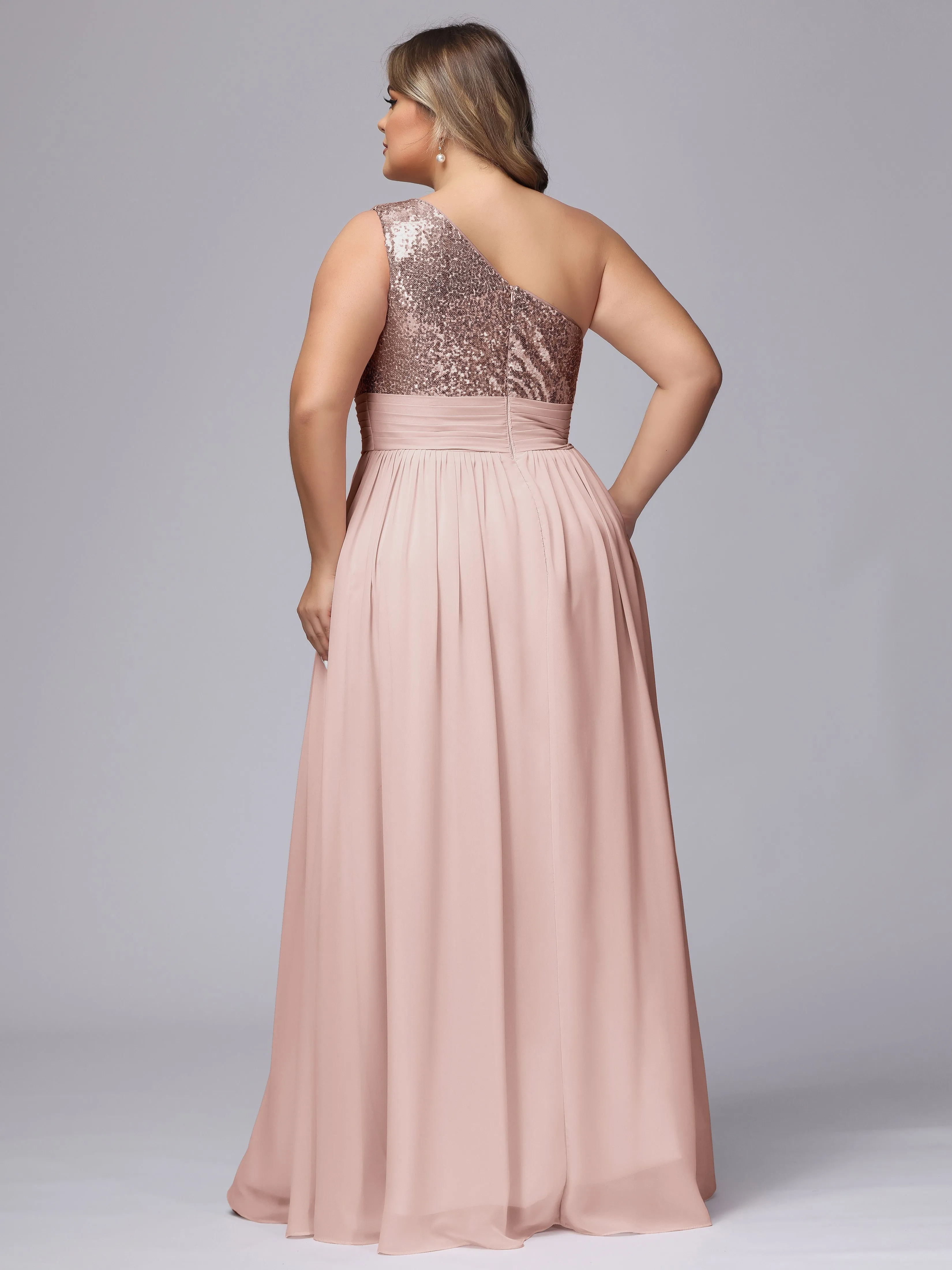 One-Shoulder Sequins Plus Size Bridesmaid Dress with Pockets