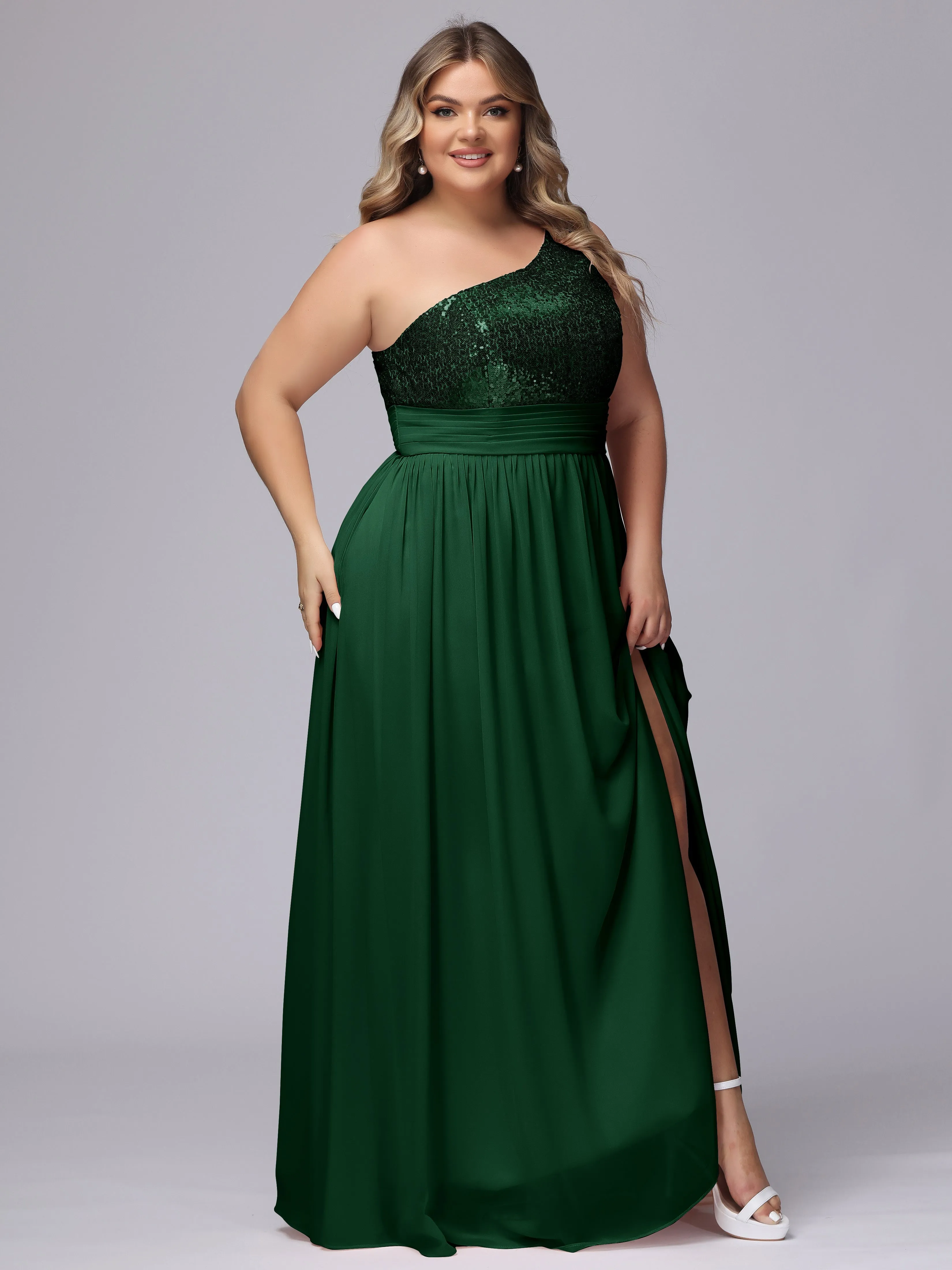 One-Shoulder Sequins Plus Size Bridesmaid Dress with Pockets
