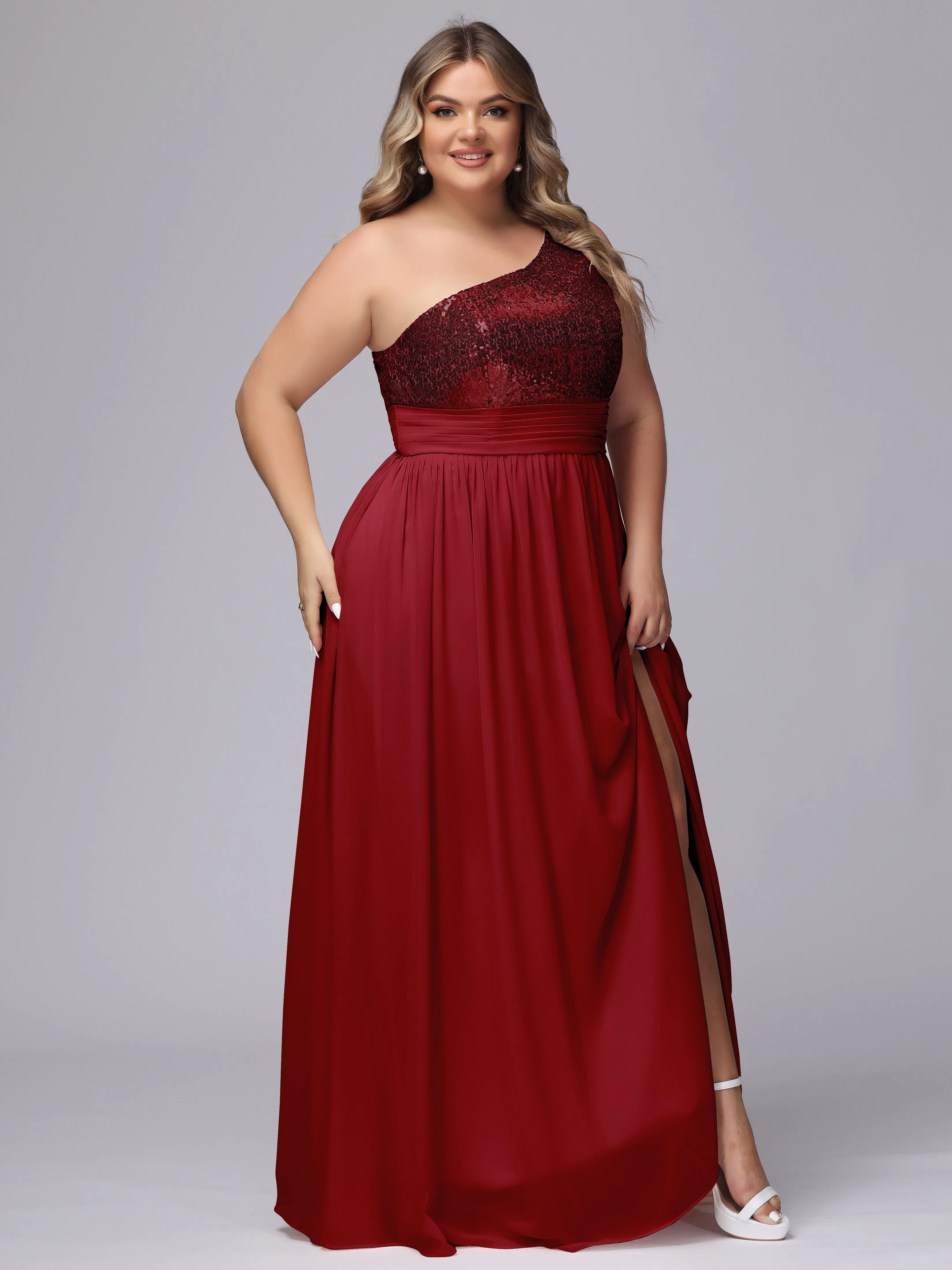 One-Shoulder Sequins Plus Size Bridesmaid Dress with Pockets