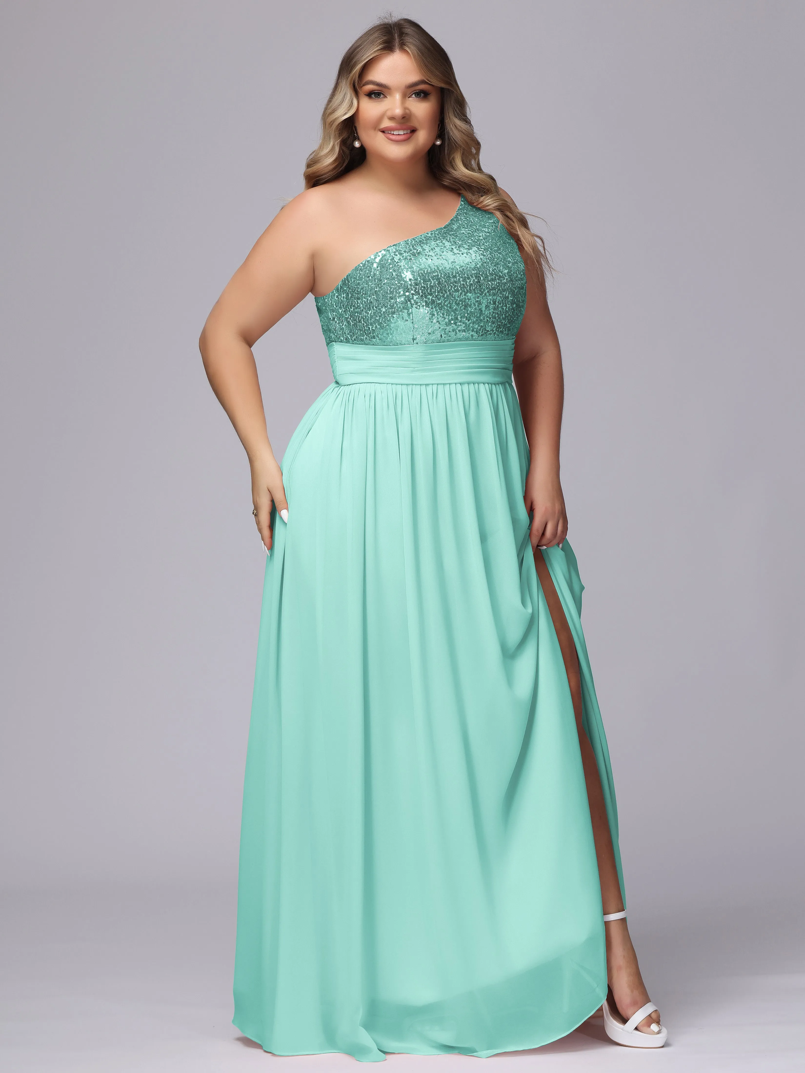 One-Shoulder Sequins Plus Size Bridesmaid Dress with Pockets