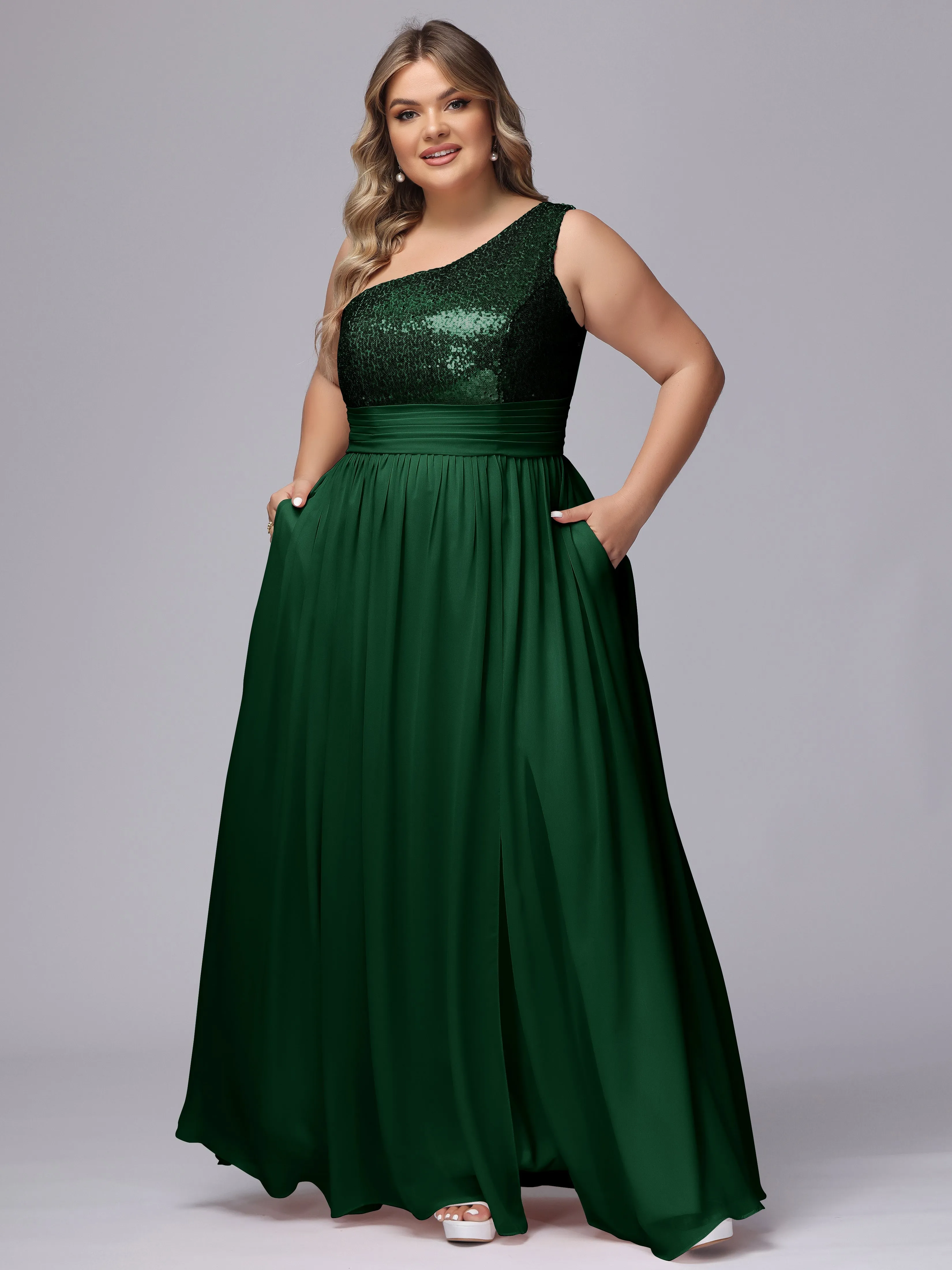 One-Shoulder Sequins Plus Size Bridesmaid Dress with Pockets