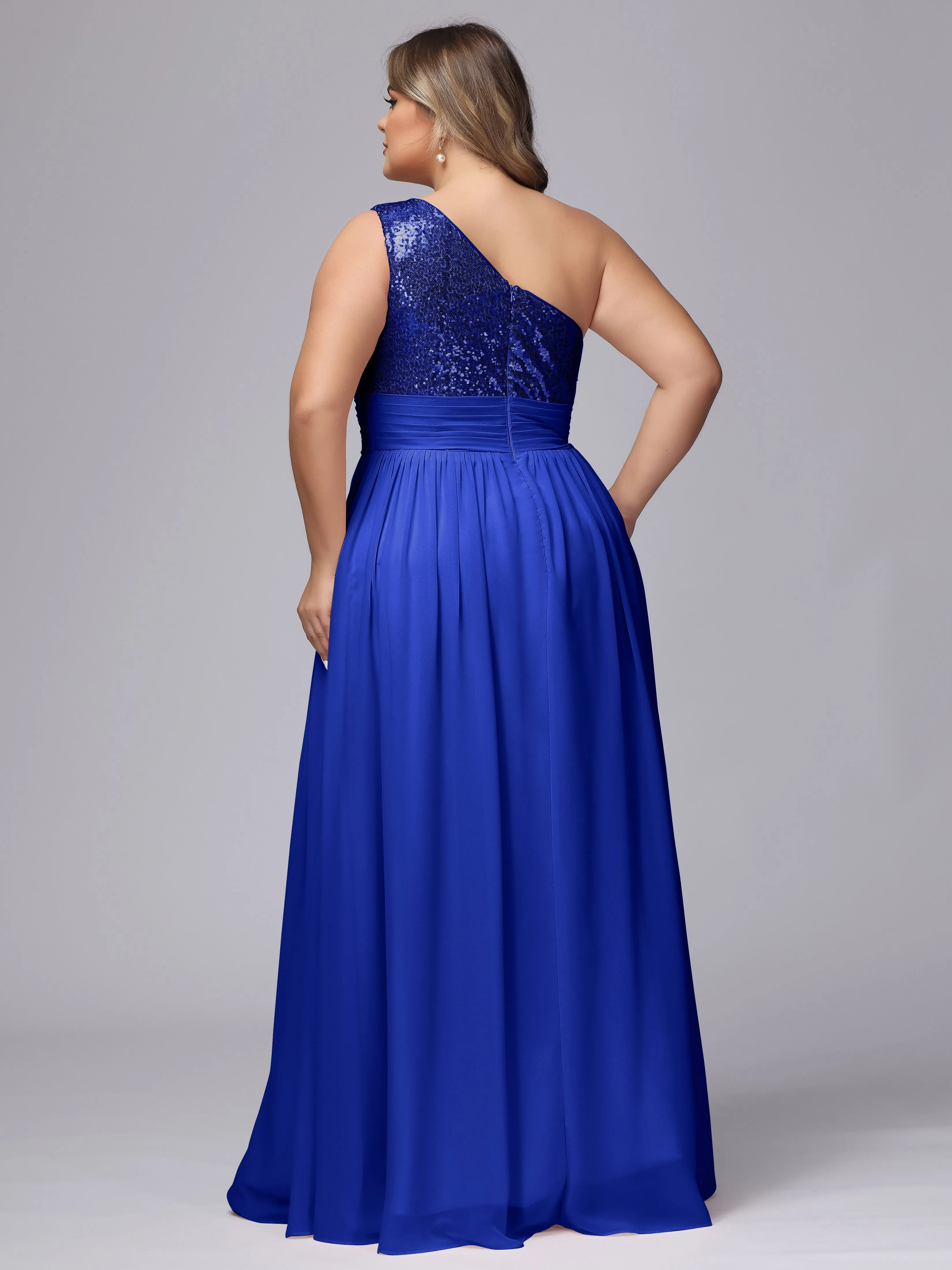 One-Shoulder Sequins Plus Size Bridesmaid Dress with Pockets