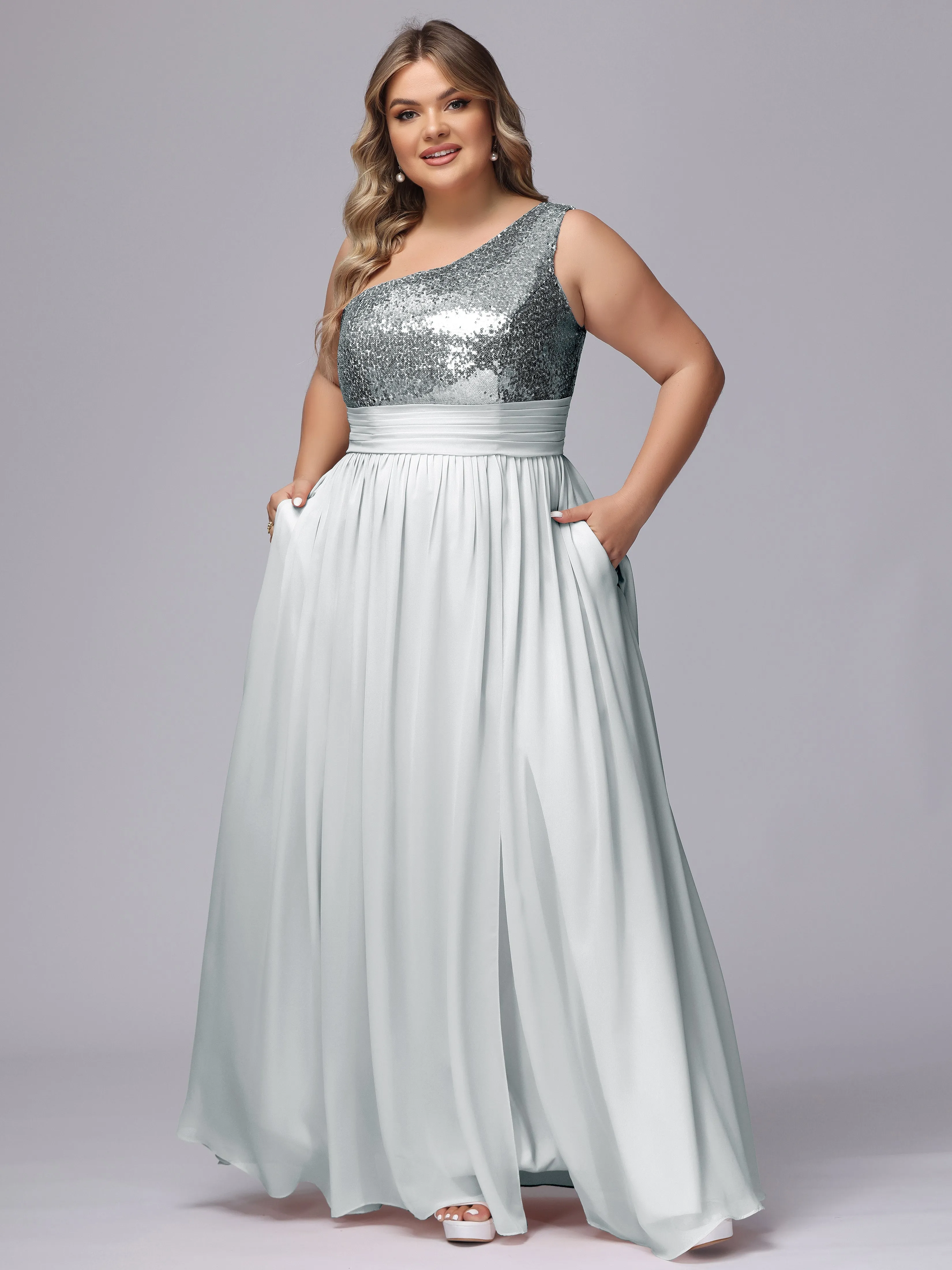 One-Shoulder Sequins Plus Size Bridesmaid Dress with Pockets