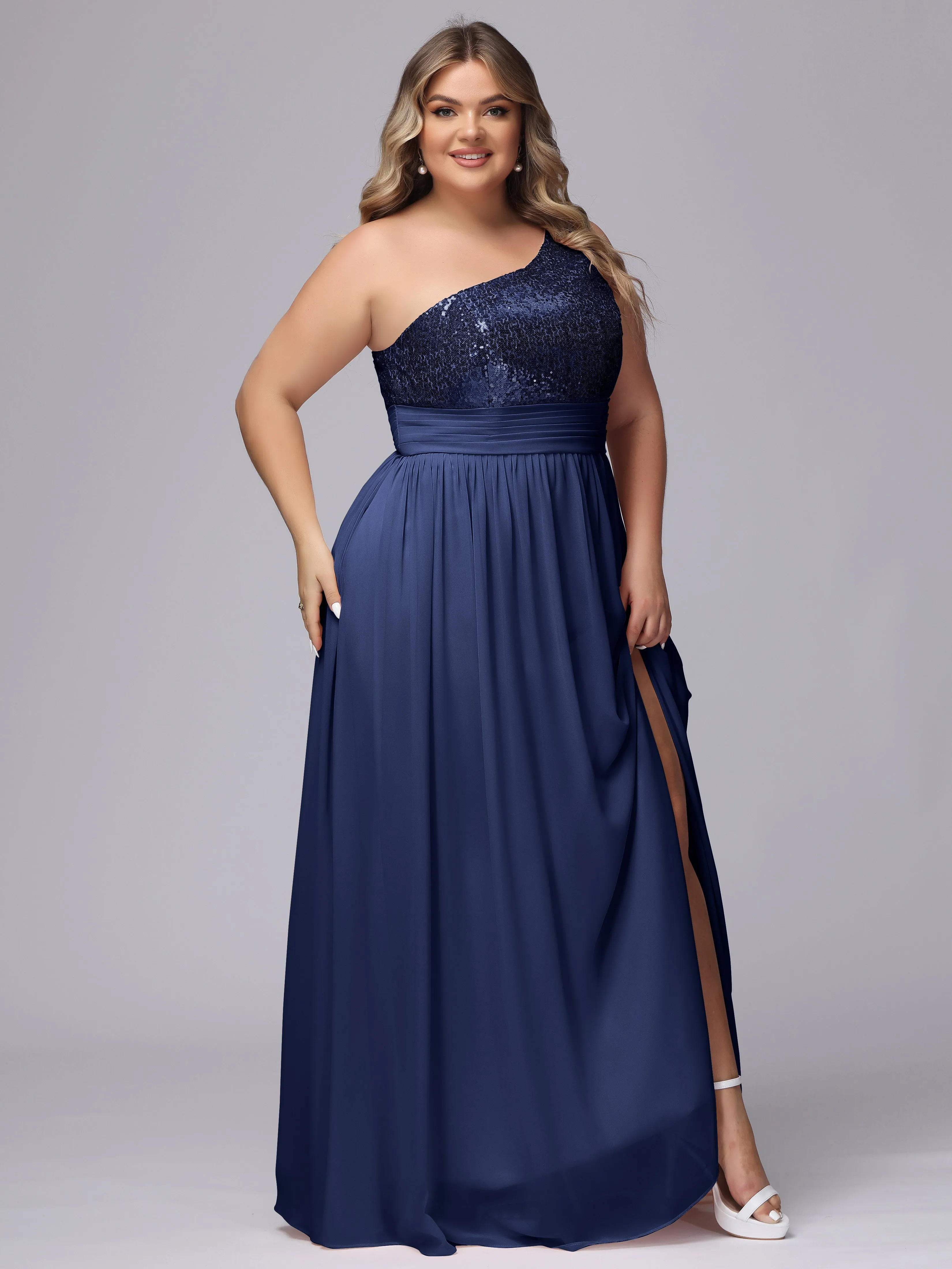 One-Shoulder Sequins Plus Size Bridesmaid Dress with Pockets