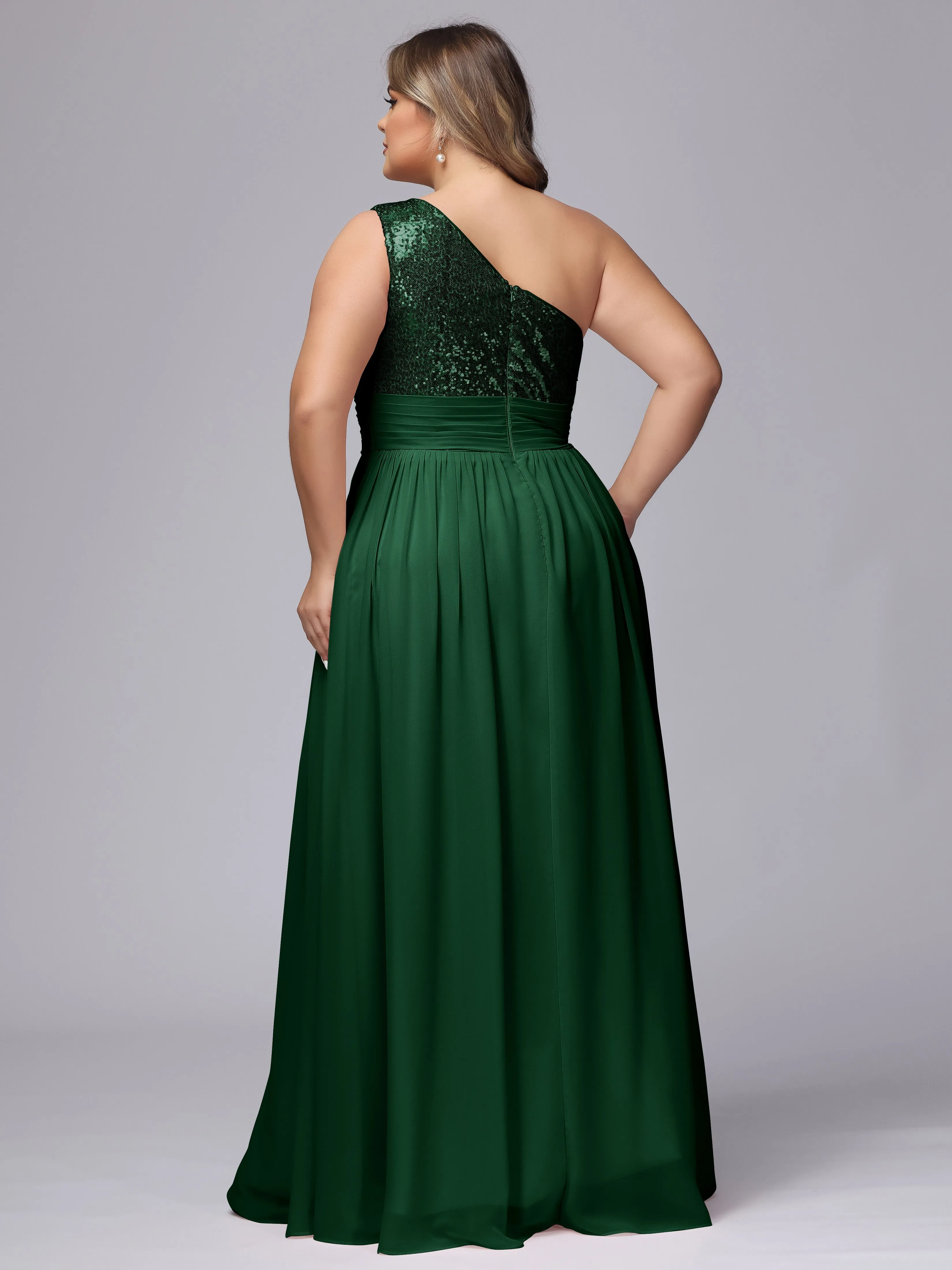 One-Shoulder Sequins Plus Size Bridesmaid Dress with Pockets