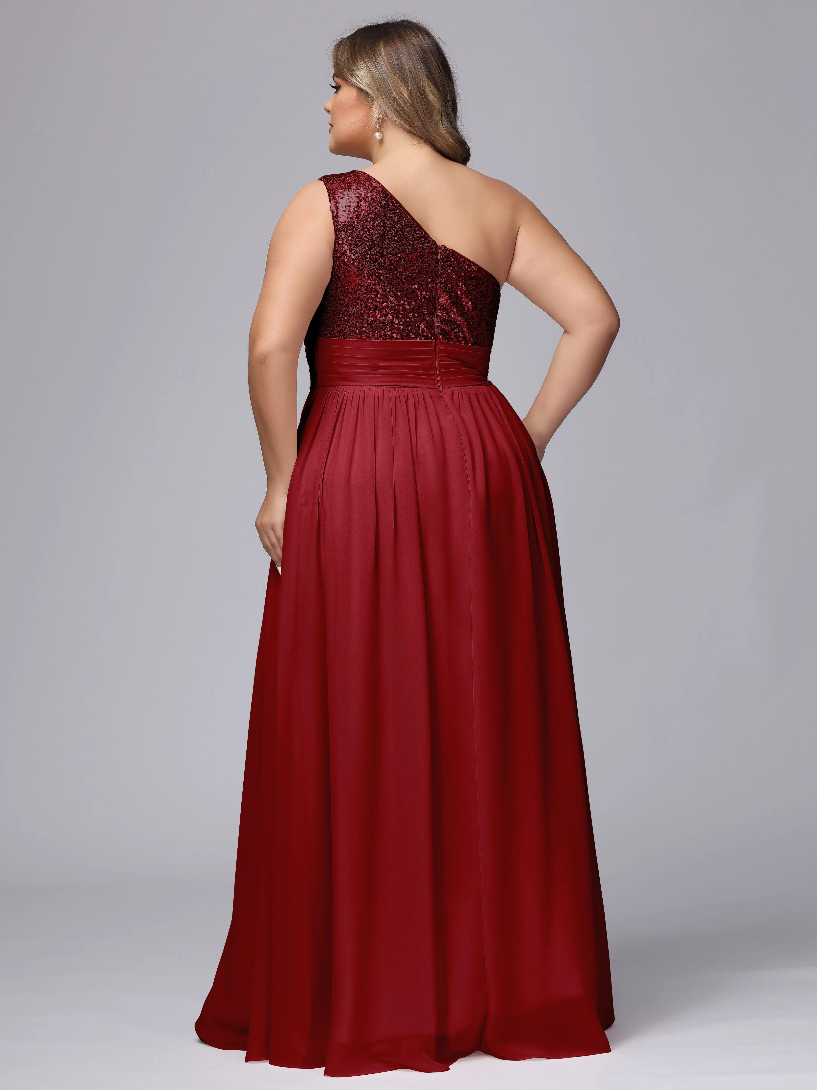 One-Shoulder Sequins Plus Size Bridesmaid Dress with Pockets
