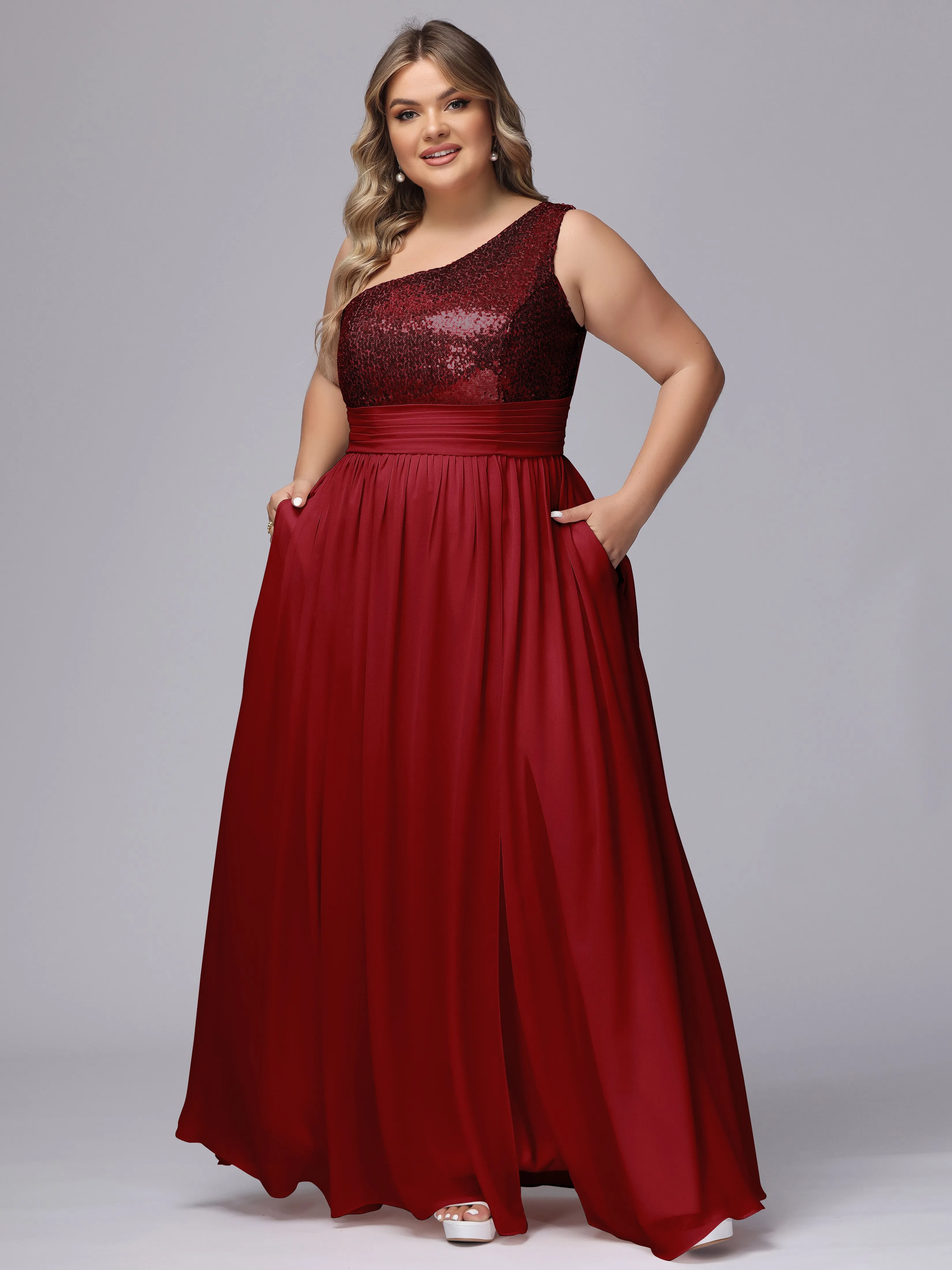 One-Shoulder Sequins Plus Size Bridesmaid Dress with Pockets