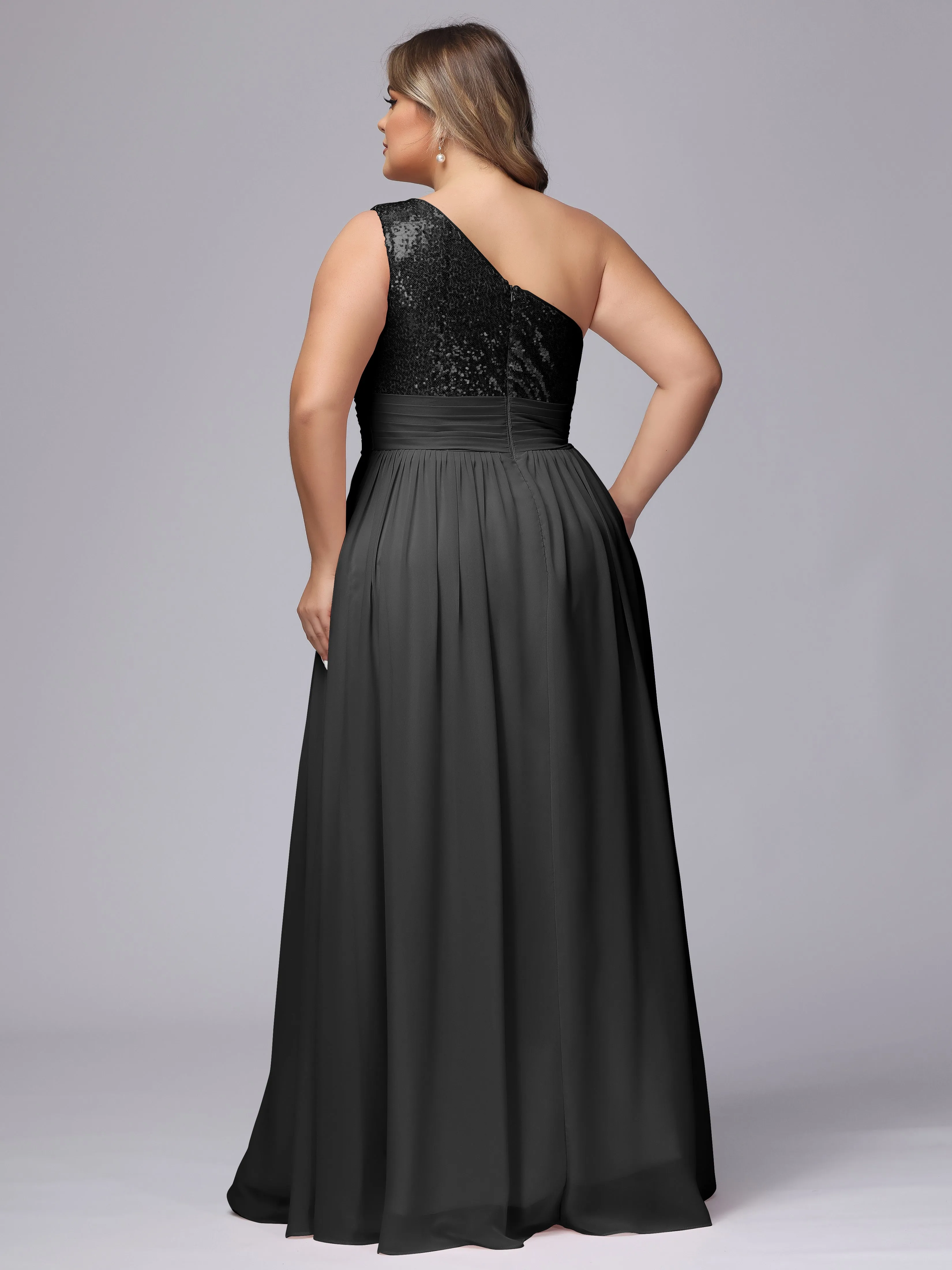 One-Shoulder Sequins Plus Size Bridesmaid Dress with Pockets