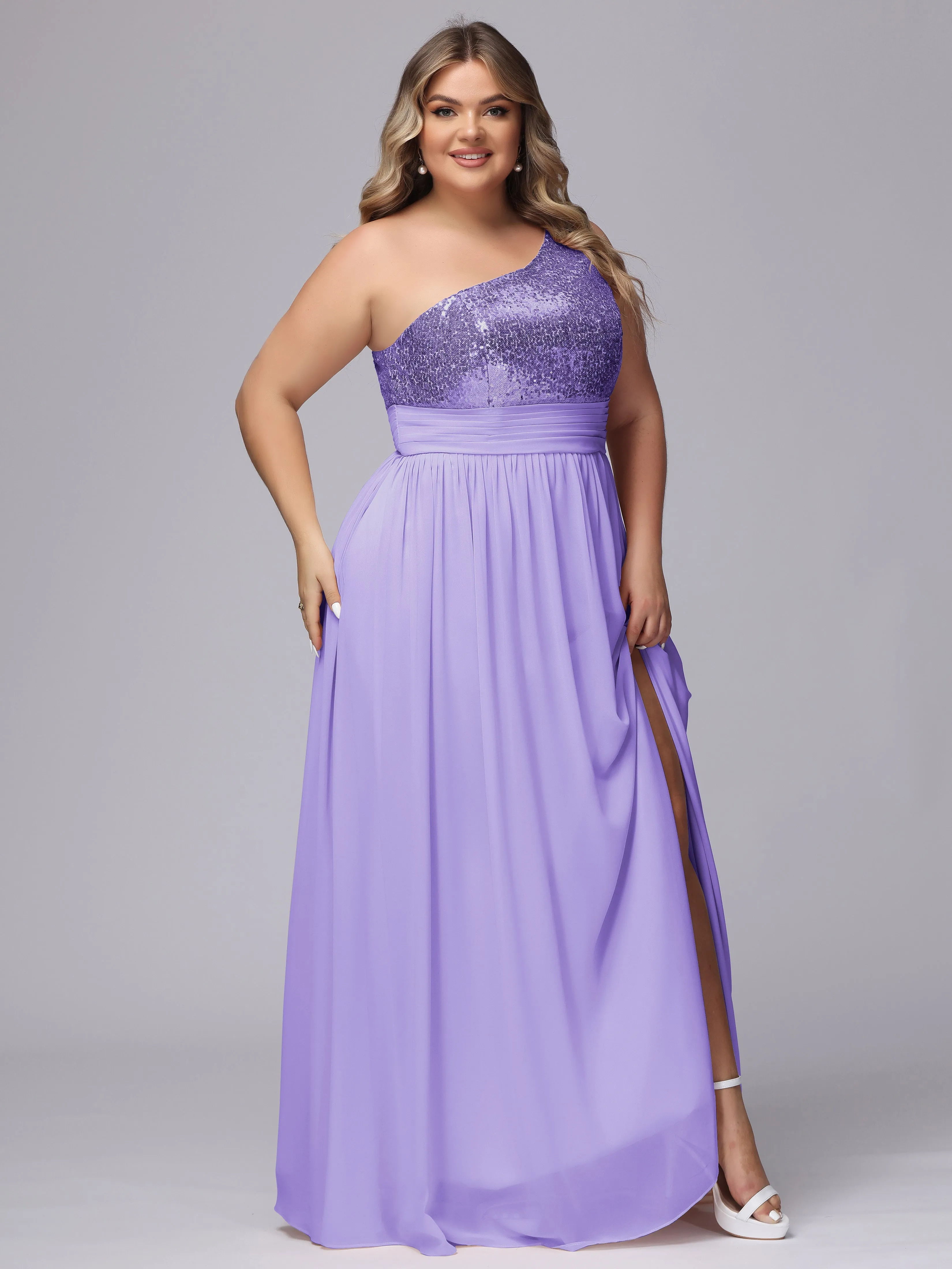 One-Shoulder Sequins Plus Size Bridesmaid Dress with Pockets