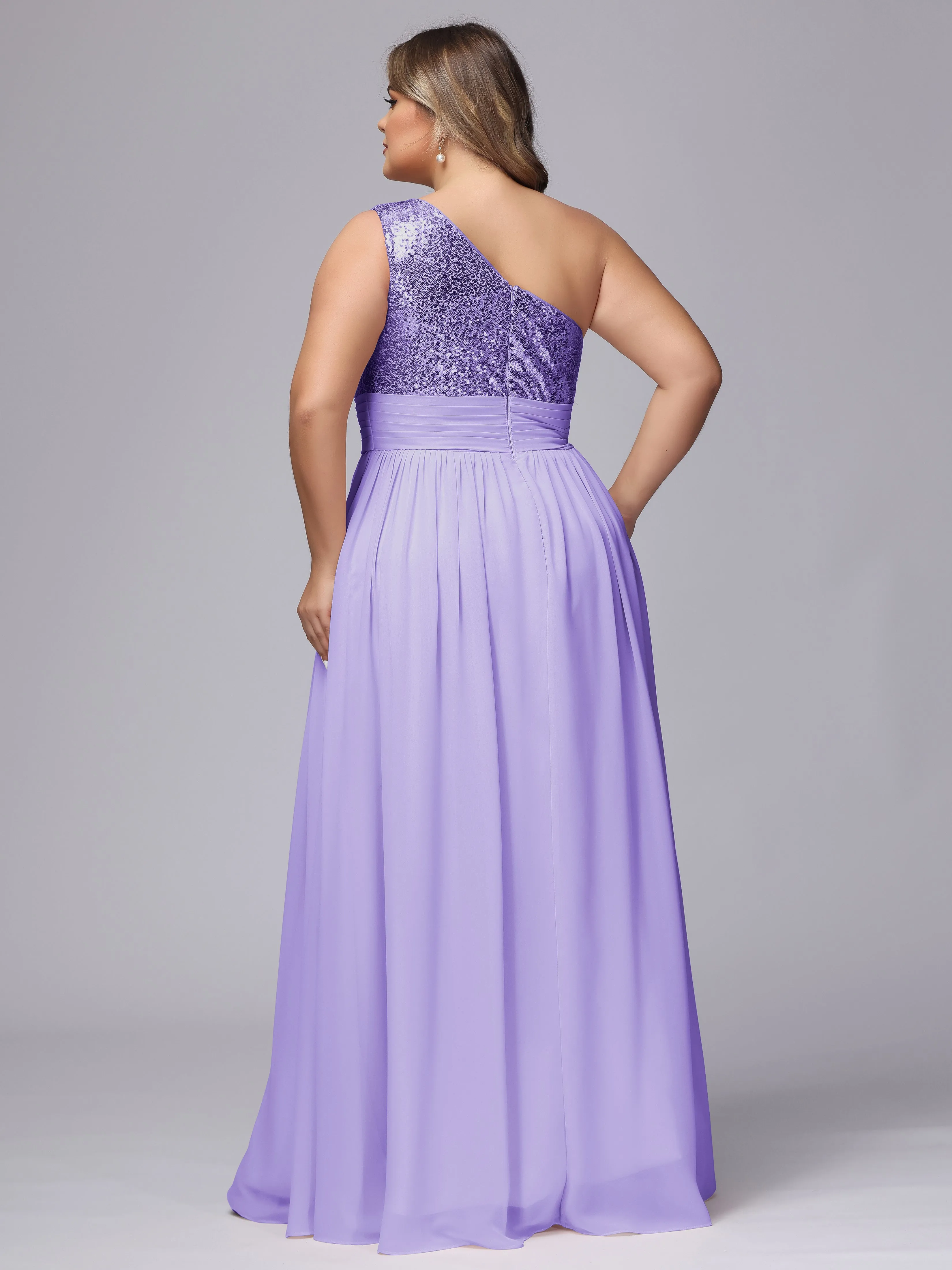 One-Shoulder Sequins Plus Size Bridesmaid Dress with Pockets
