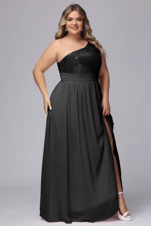 One-Shoulder Sequins Plus Size Bridesmaid Dress with Pockets