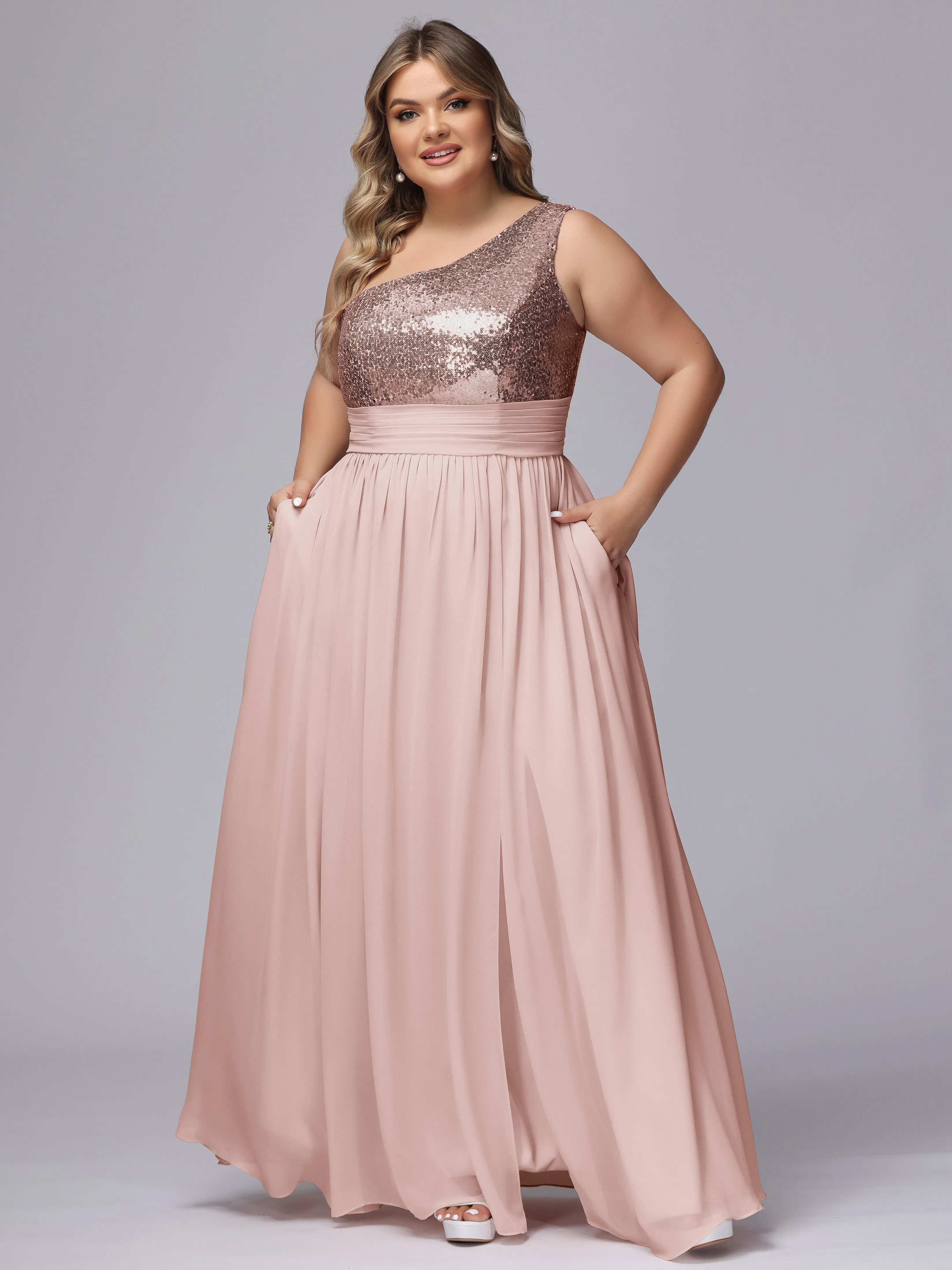 One-Shoulder Sequins Plus Size Bridesmaid Dress with Pockets