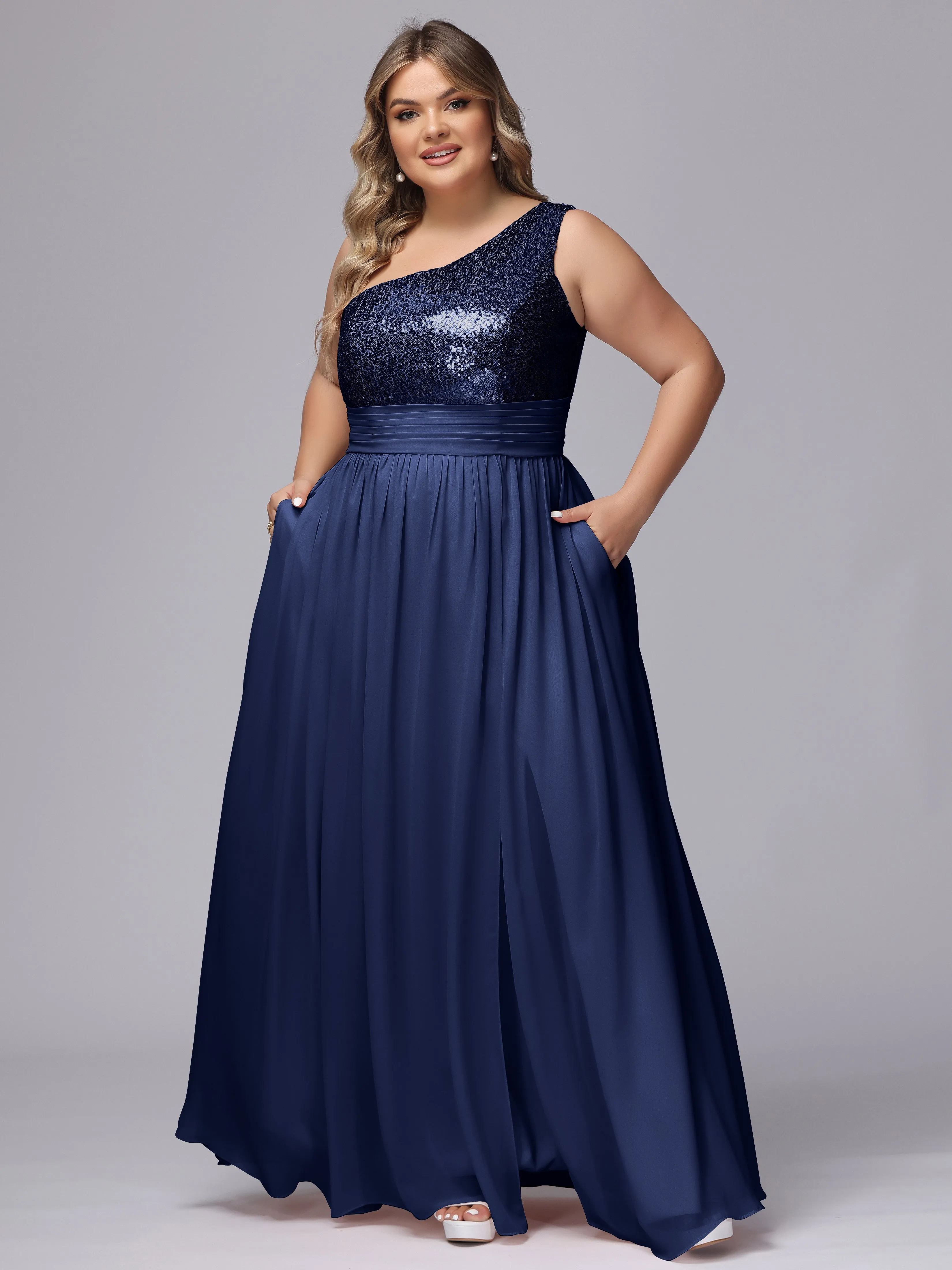 One-Shoulder Sequins Plus Size Bridesmaid Dress with Pockets