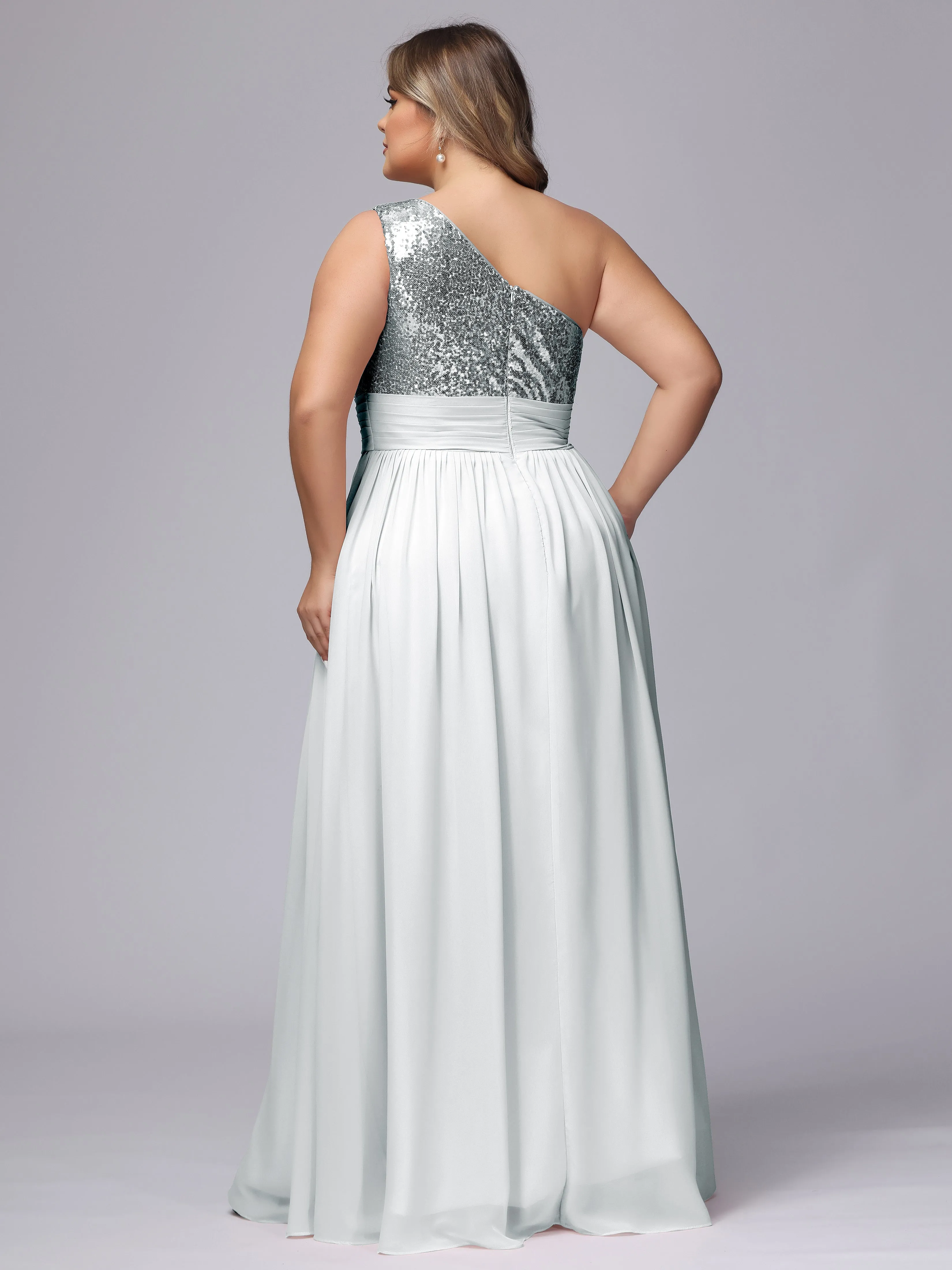 One-Shoulder Sequins Plus Size Bridesmaid Dress with Pockets