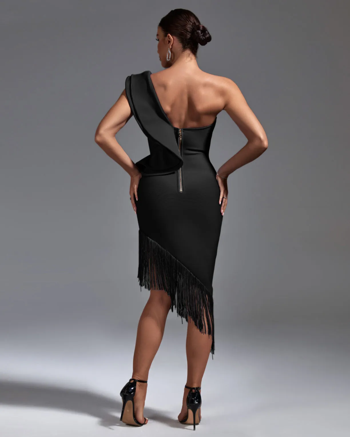 One Shoulder Tassels Midi Bandage Dress
