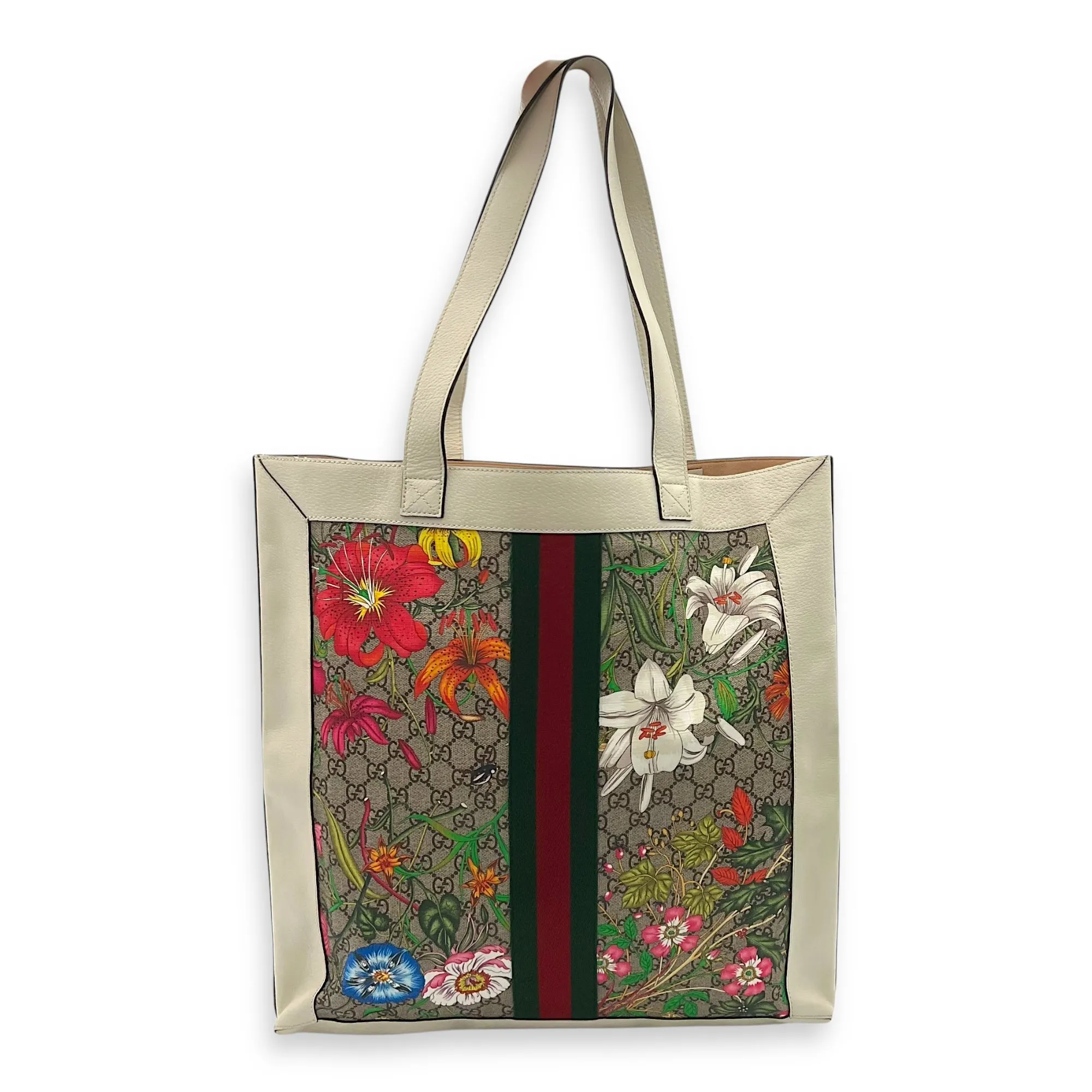 Ophidia Tote Bag White in Coated Canvas, Gold hardware