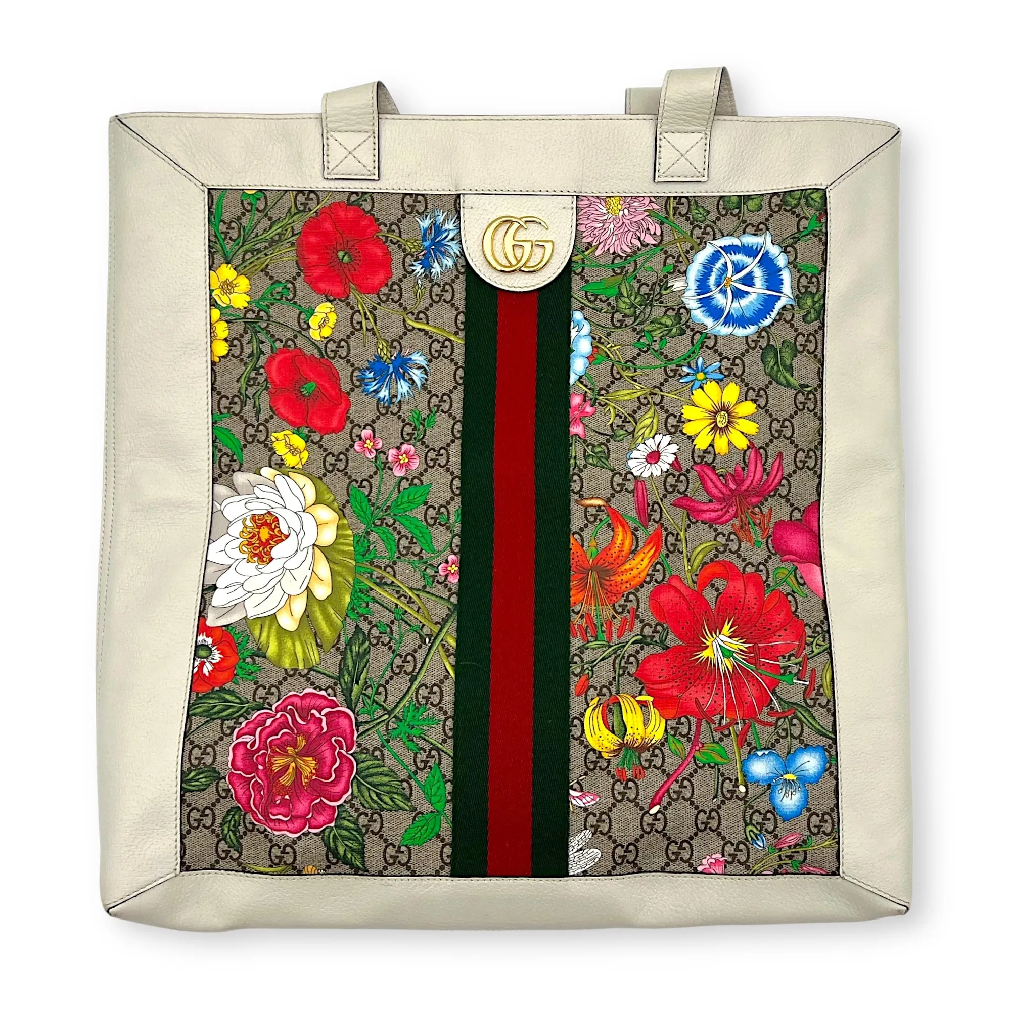 Ophidia Tote Bag White in Coated Canvas, Gold hardware
