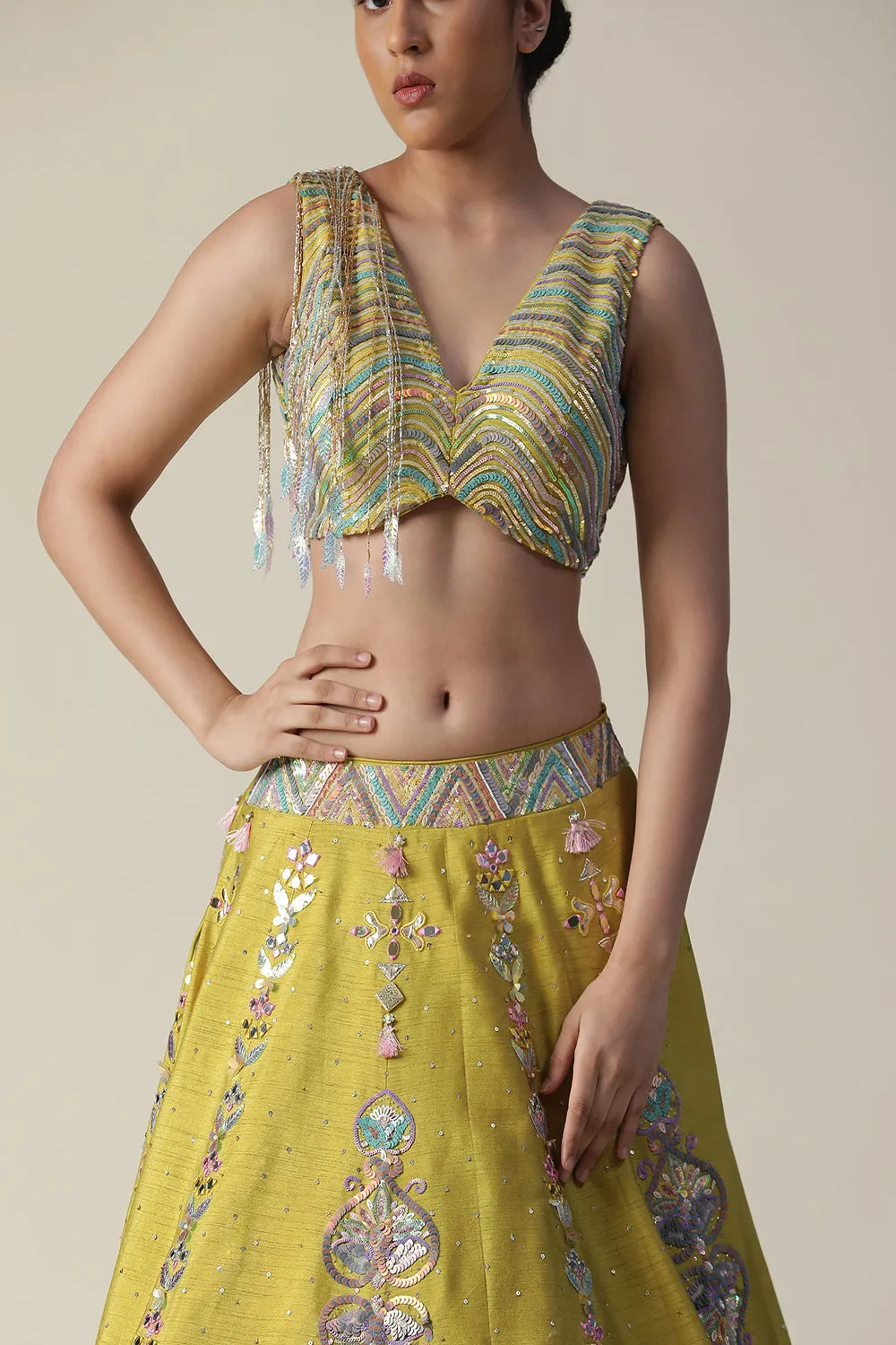 Pear Yellow Raw Silk Heavy Embroidered Lehenga Set