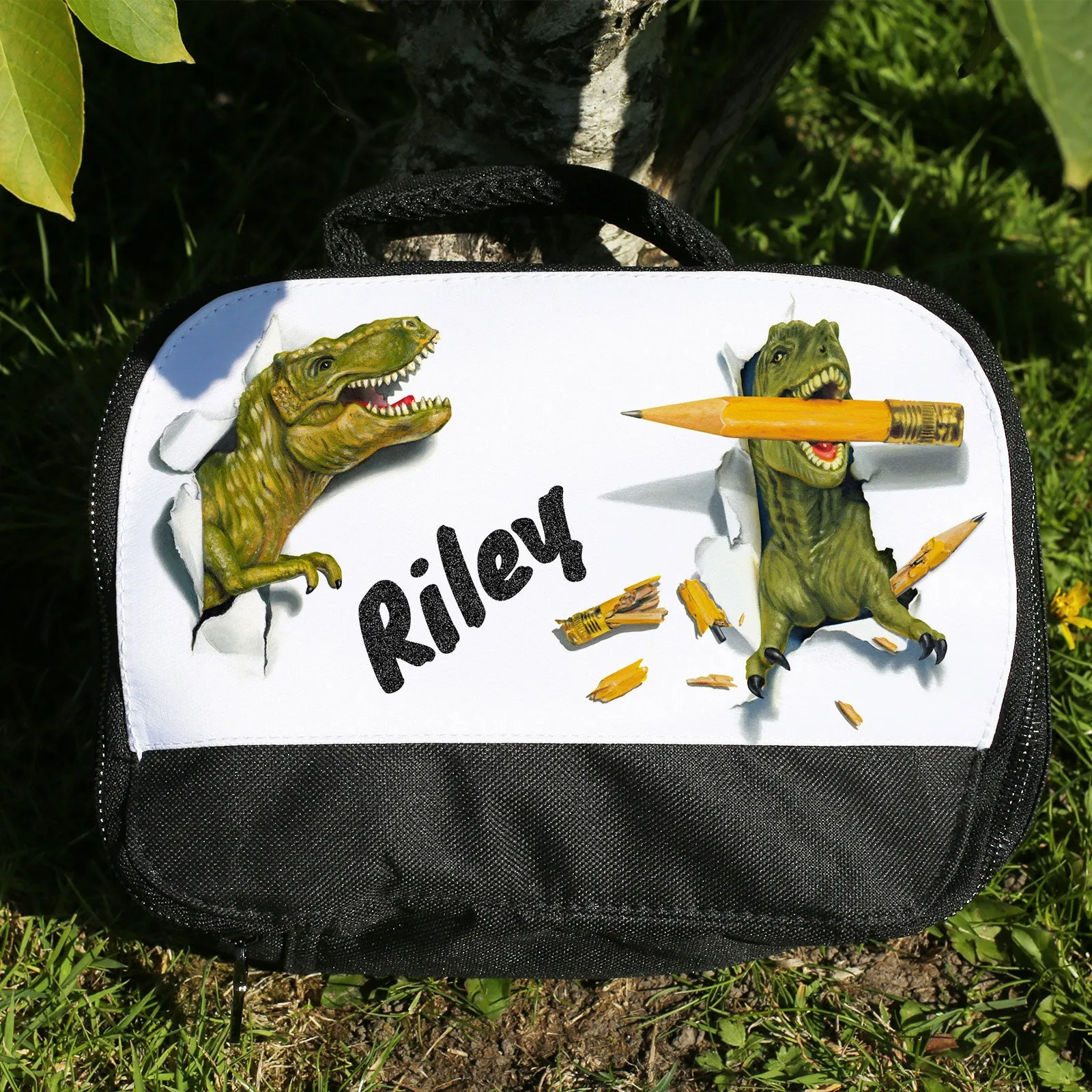 Personalised Lunch Bag with Roaring T-Rex & Text
