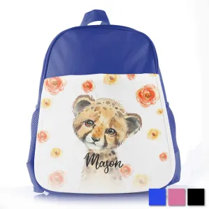 Personalised School Bag with Cute Text and Leopard Red Flowers