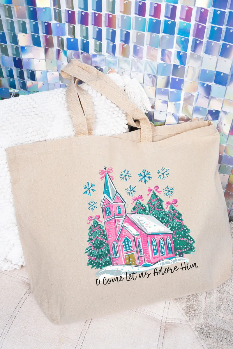 Pink Church Come Let Us Adore Him Canvas Jumbo Tote