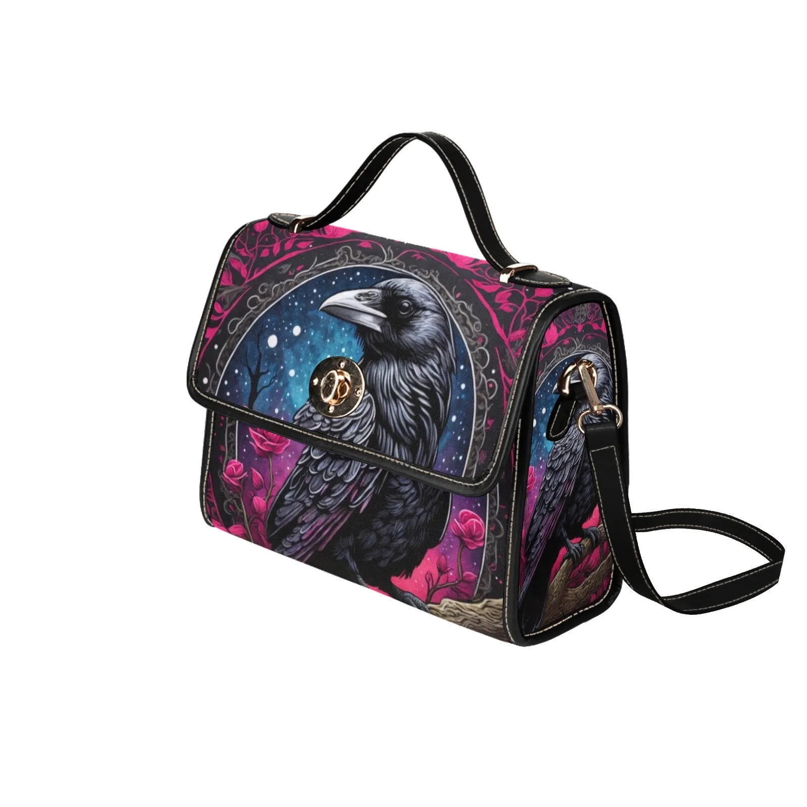 Pink Raven Cross Body Purse, Vegan Canvas Bag Edgar Allen Poe