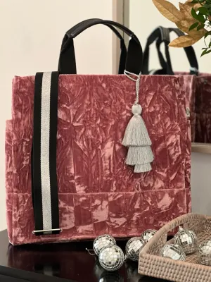 Pink Velvet Luxe North South Bag   FREE Silver Tassel   FREE Black/Silver Stripe Strap