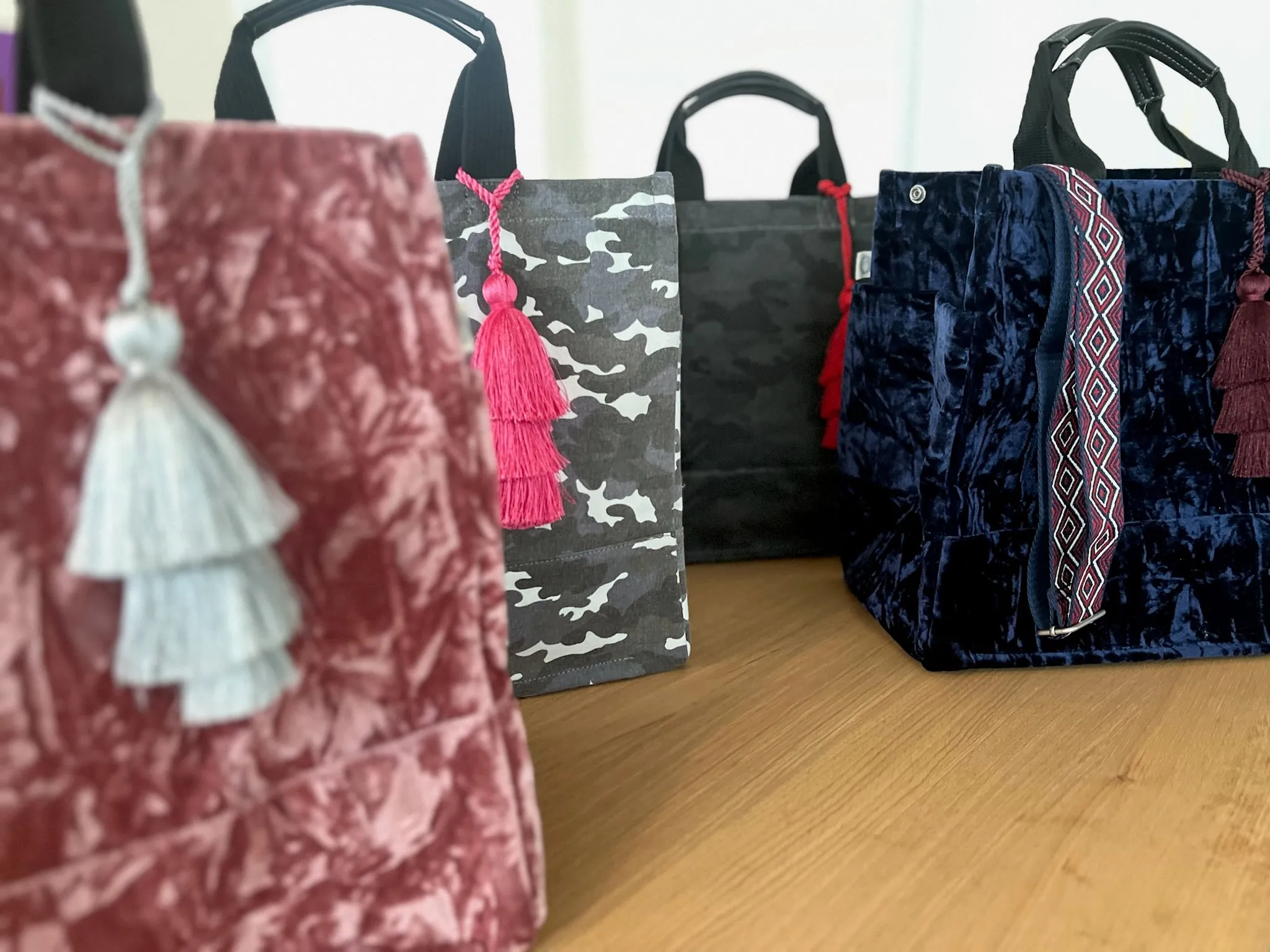 Pink Velvet Luxe North South Bag   FREE Silver Tassel   FREE Black/Silver Stripe Strap