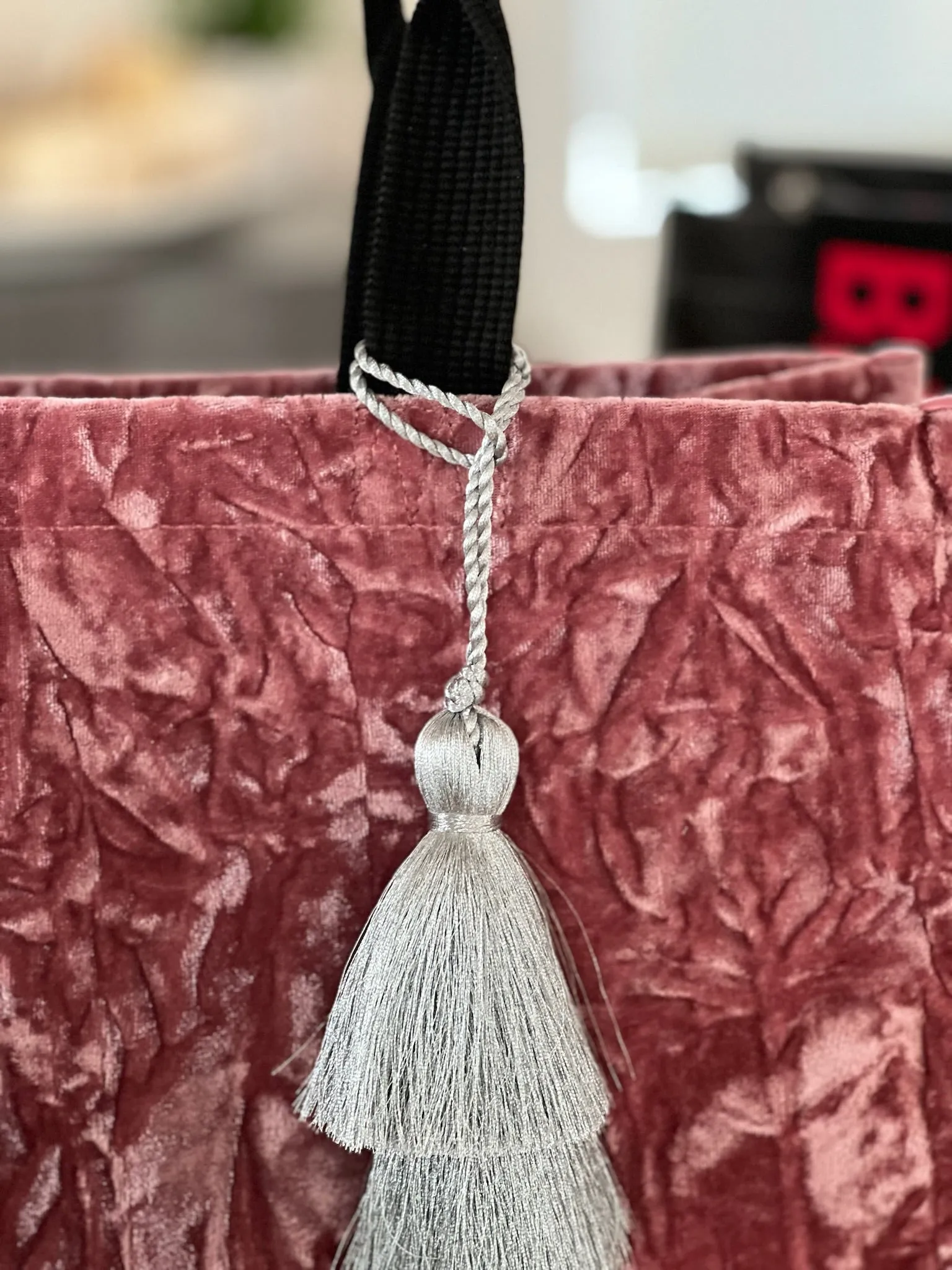 Pink Velvet Luxe North South Bag   FREE Silver Tassel   FREE Black/Silver Stripe Strap