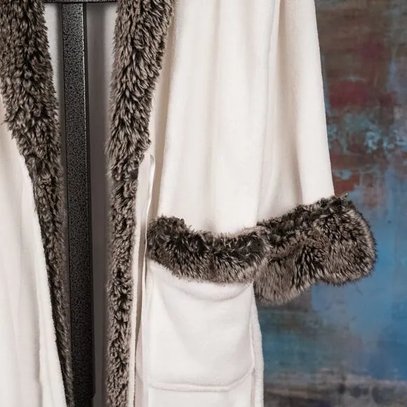 Pottery Barn Plush Bathrobe White w/ Brown Faux Fur Collar Women's Size LARGE