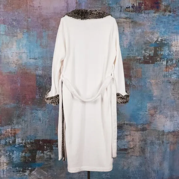 Pottery Barn Plush Bathrobe White w/ Brown Faux Fur Collar Women's Size LARGE