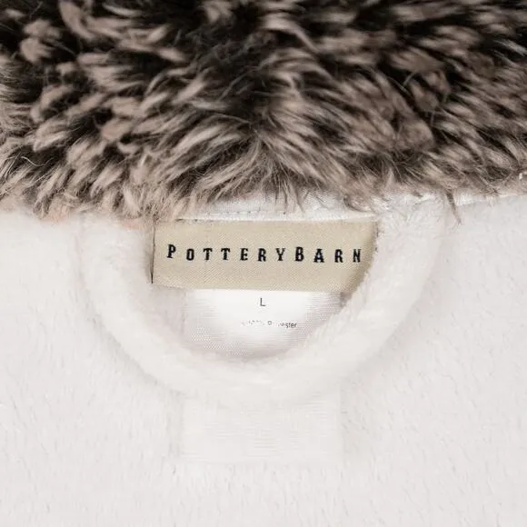 Pottery Barn Plush Bathrobe White w/ Brown Faux Fur Collar Women's Size LARGE