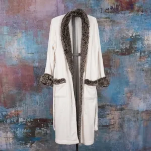 Pottery Barn Plush Bathrobe White w/ Brown Faux Fur Collar Women's Size LARGE