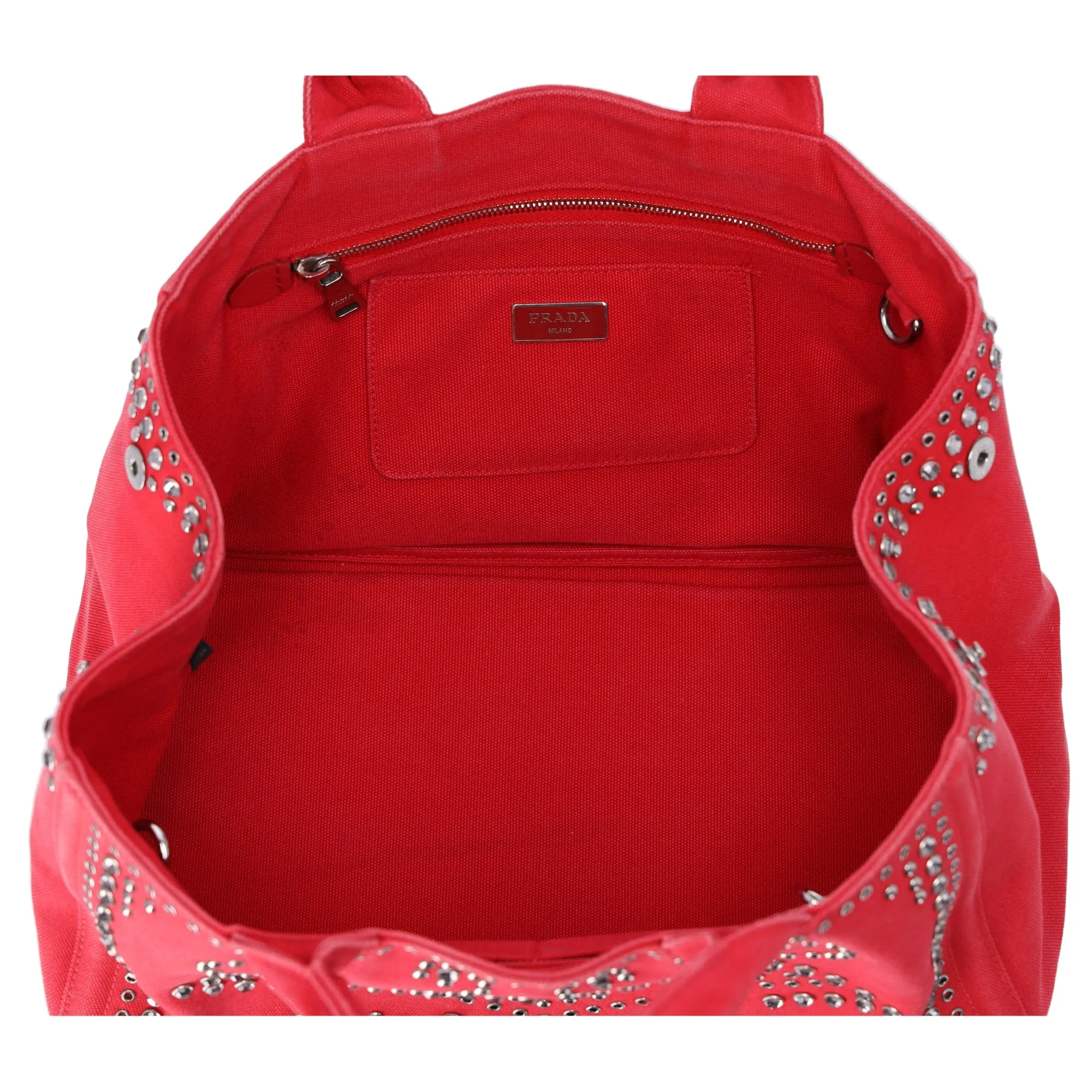 PRADA Canapa Tote Bag BN2642 Red Canvas Red Stones