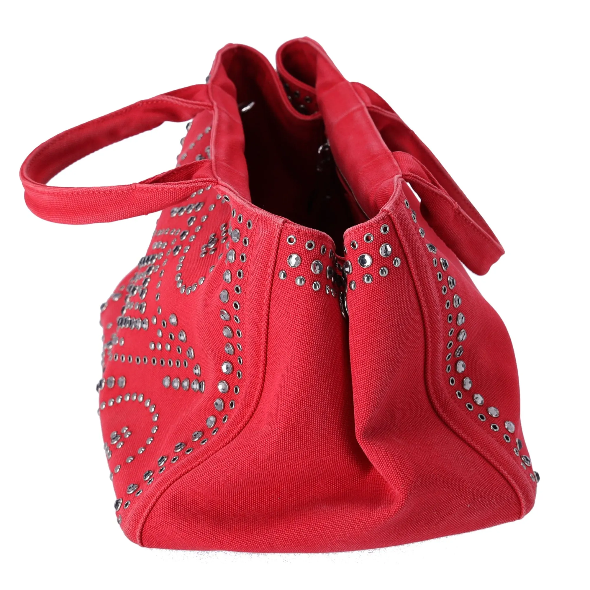 PRADA Canapa Tote Bag BN2642 Red Canvas Red Stones