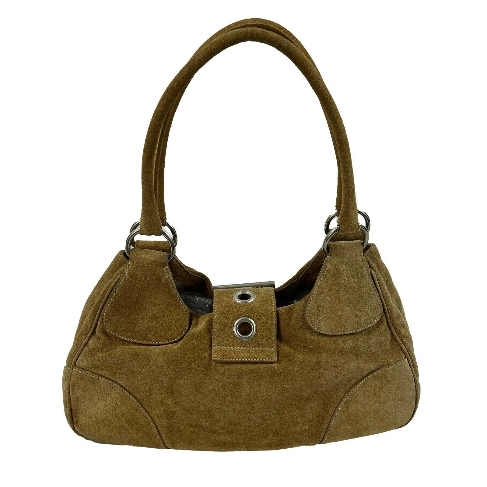 Prada - Large Camel / Silver Suede Belt Shoulder Bag / Buckle Closure