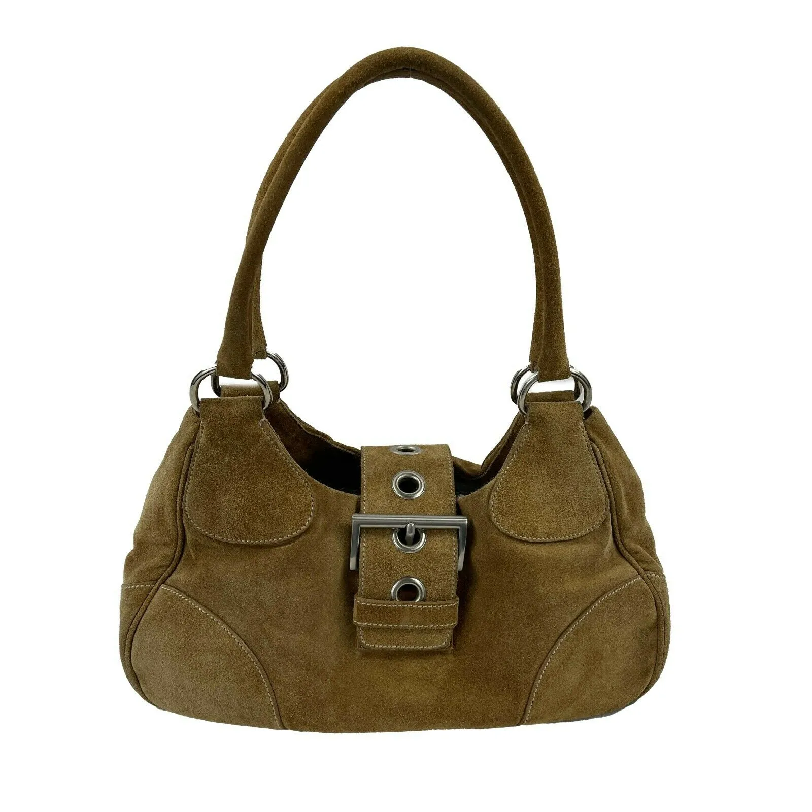 Prada - Large Camel / Silver Suede Belt Shoulder Bag / Buckle Closure