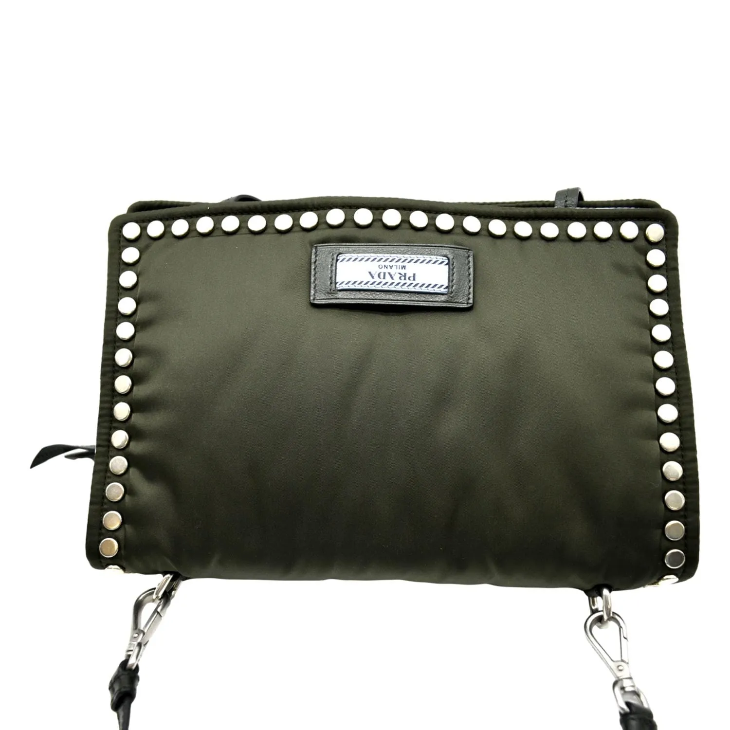 PRADA Tessuto Studded Etiquette Nylon Shoulder Bag Olive Green
