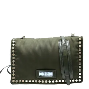 PRADA Tessuto Studded Etiquette Nylon Shoulder Bag Olive Green