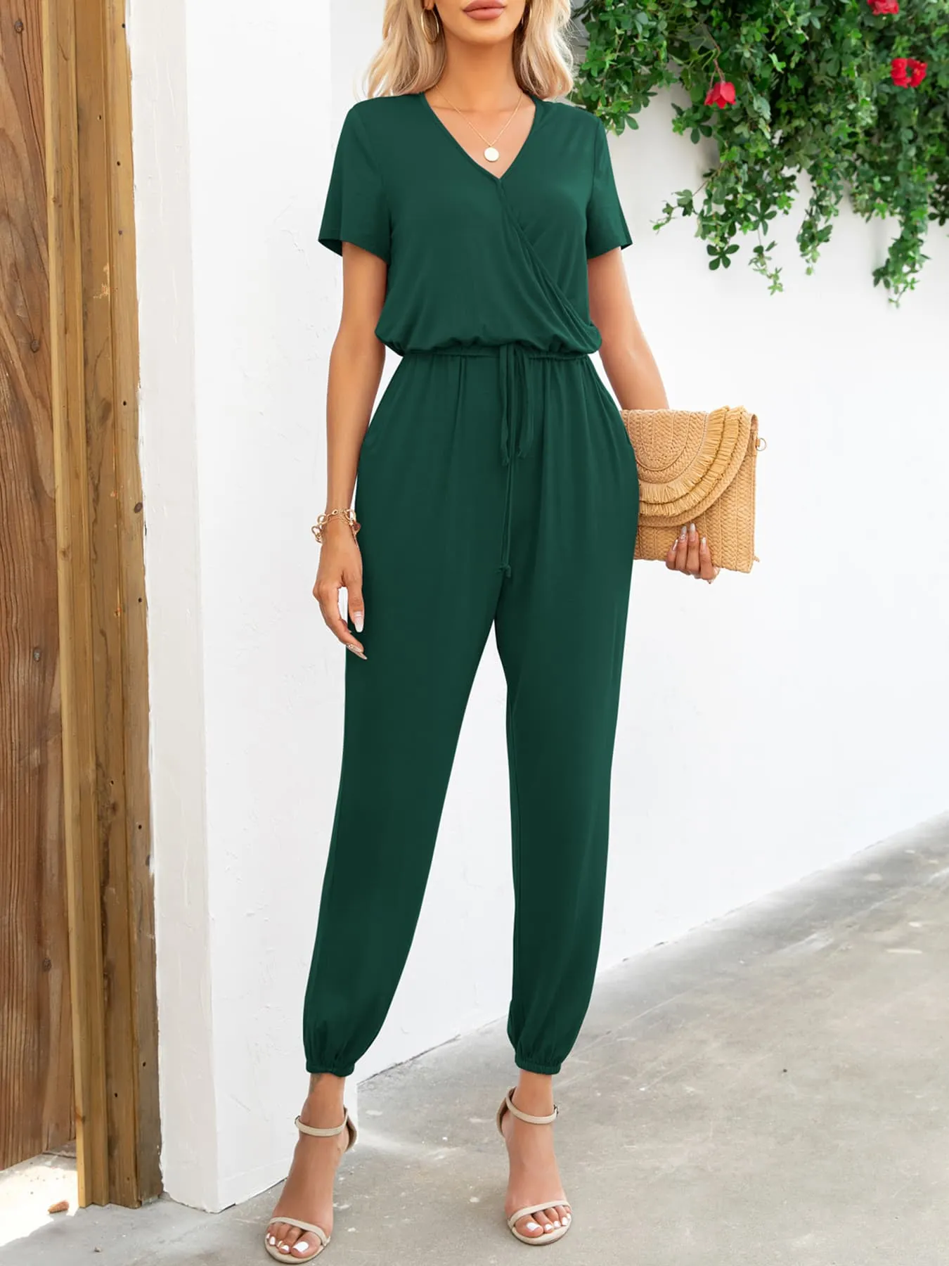 PREORDER Short Sleeve V-Neck Jumpsuit with Pockets 5 Colors