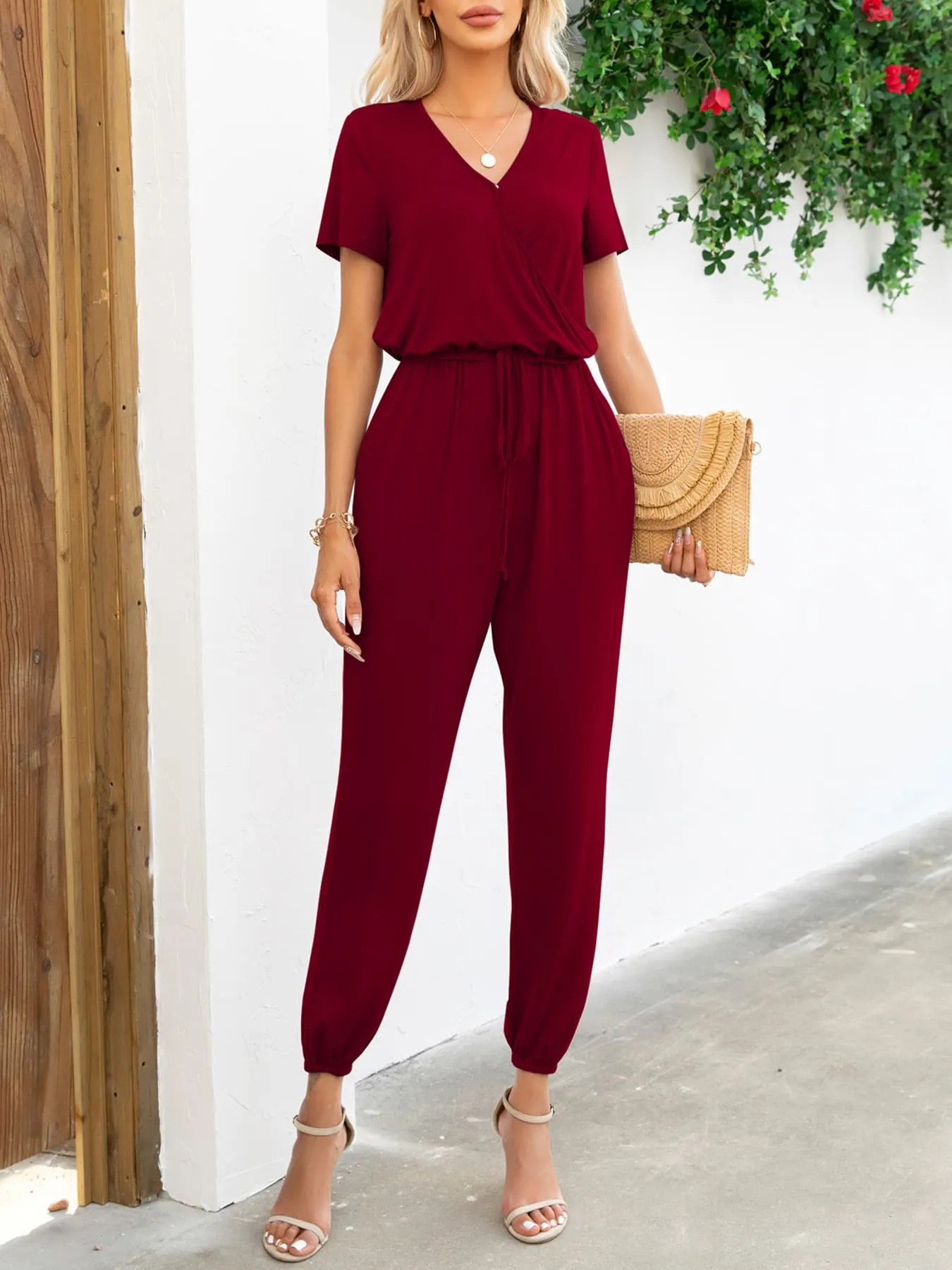 PREORDER Short Sleeve V-Neck Jumpsuit with Pockets 5 Colors