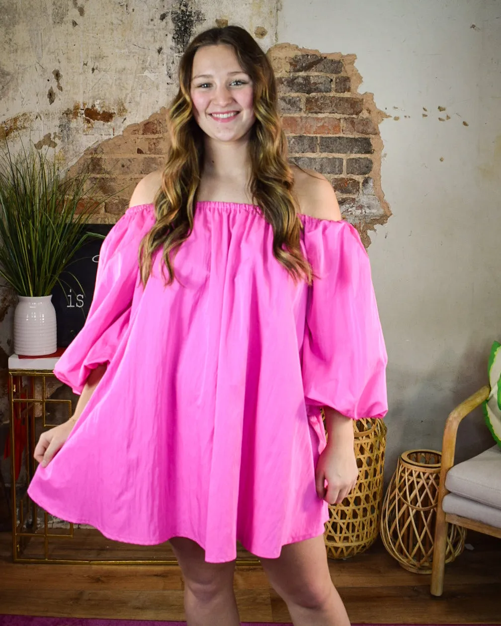 PUFF SLEEVE OFF THE SHOULDER MINI DRESS - HOT PINK